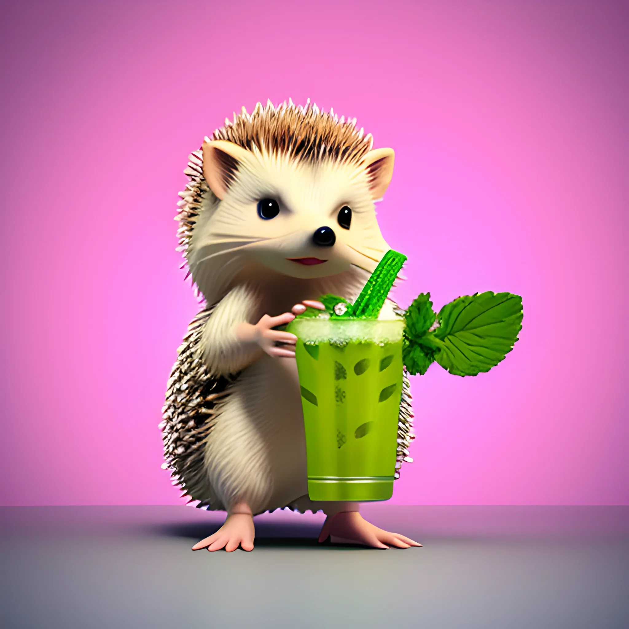 The hedgehog holds a mojito in his paws. The background is pink. There is nothing superfluous in the background. Just a hedgehog and a mojito, 3D