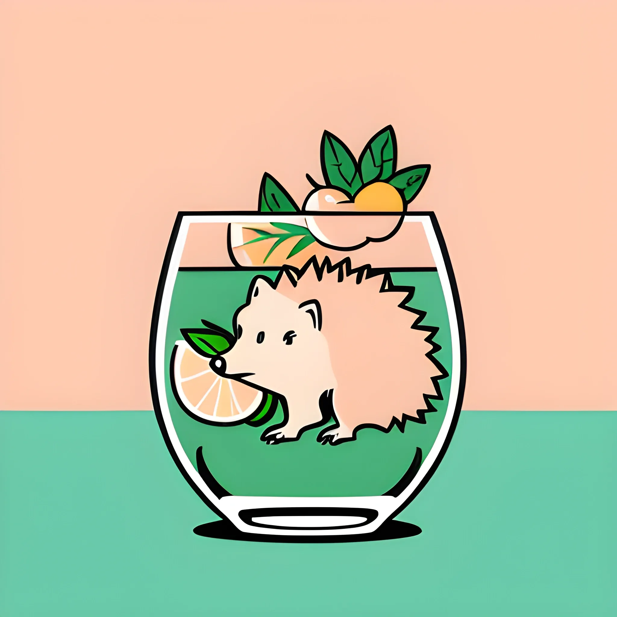 Minimalistic logo with a hedgehog image. The hedgehog is sitting in a glass of mojito. The color palette is light pink and peach colors. Illustrations, vector graphics, logo design.