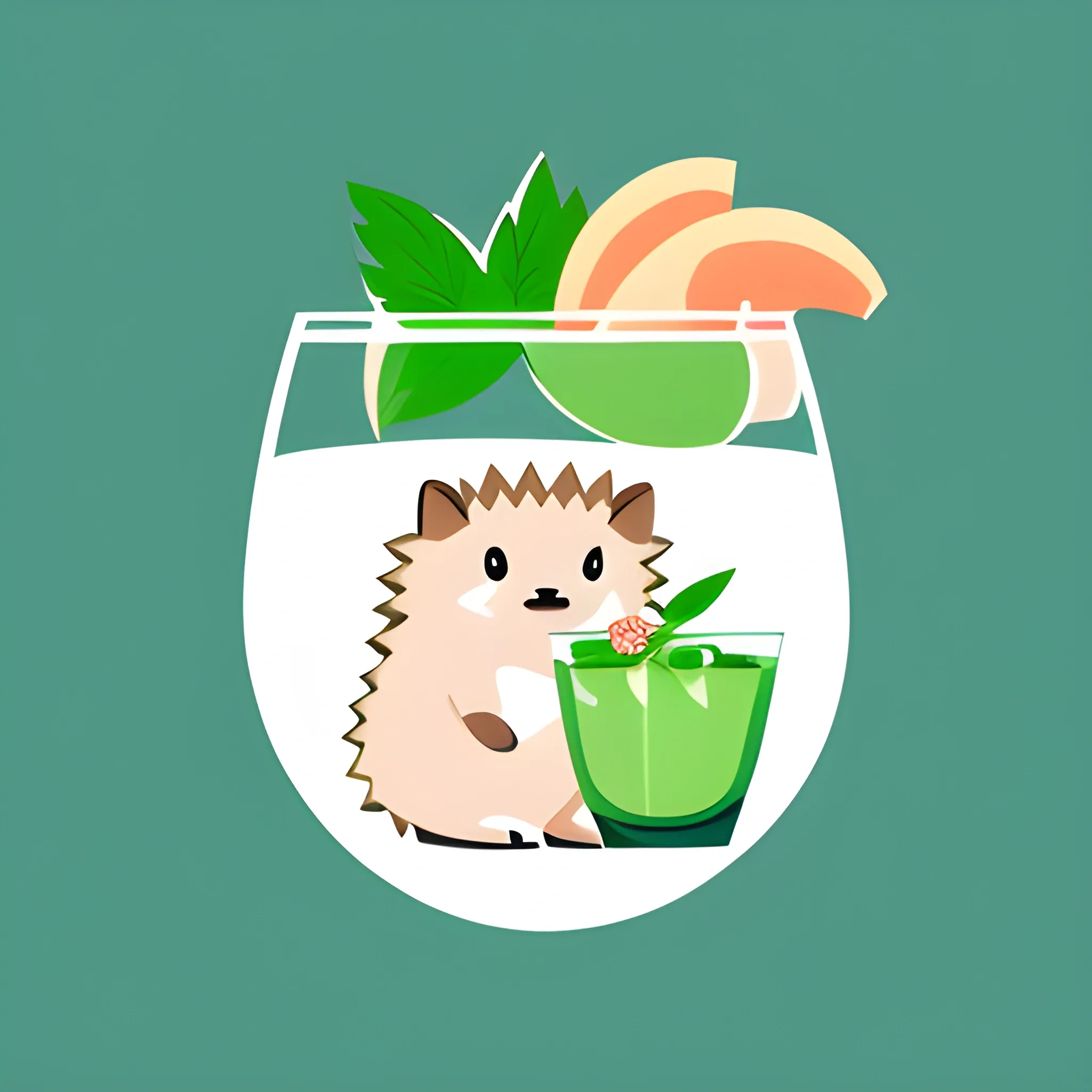 Minimalistic logo with a hedgehog image. The hedgehog is sitting in a glass of mojito. The color palette is light pink and peach colors. Illustrations, vector graphics, logo design.