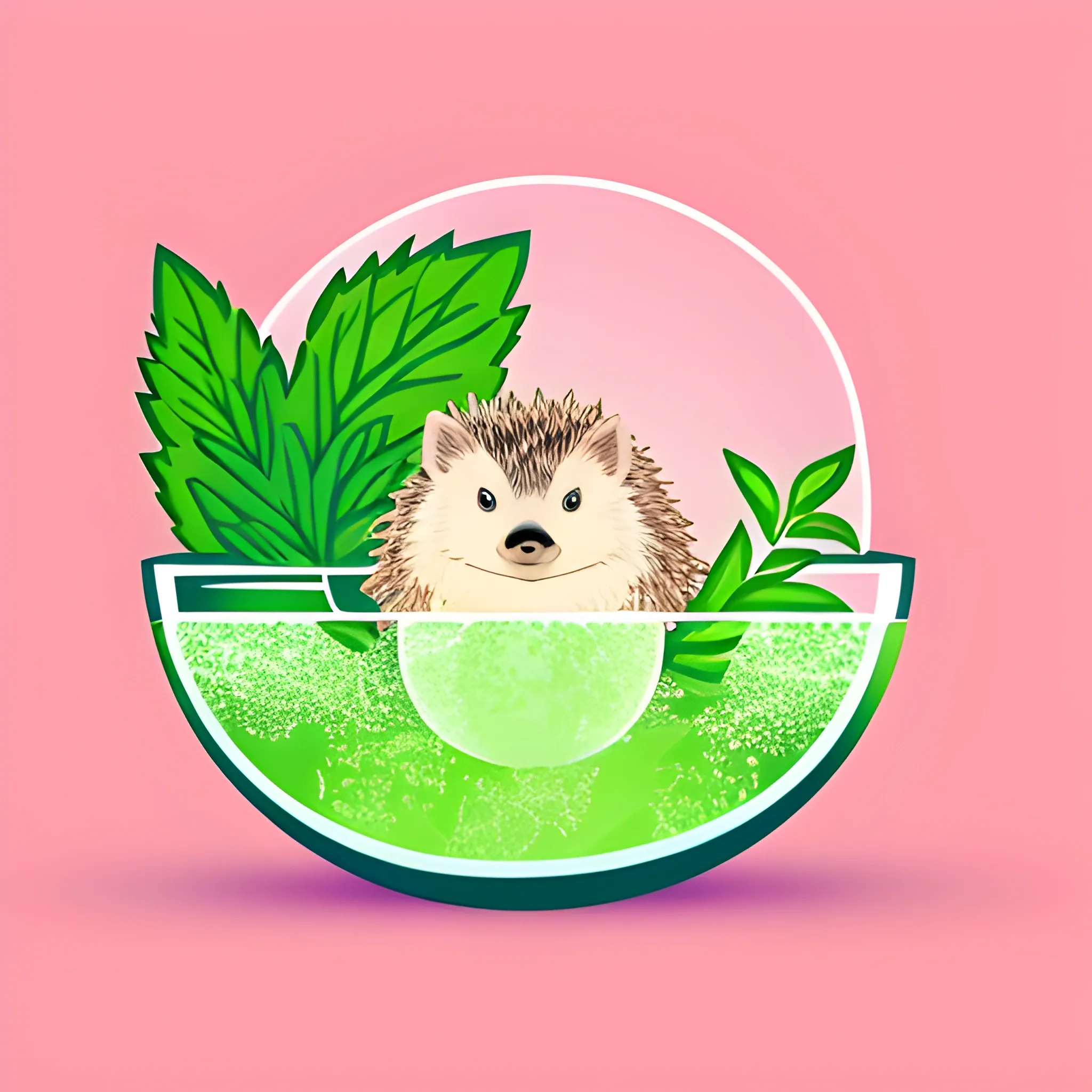 Children's company logo, hedgehog sitting in a glass with mojito, warm light pink background, symmetrical, illustration, vector graphics, logo design.