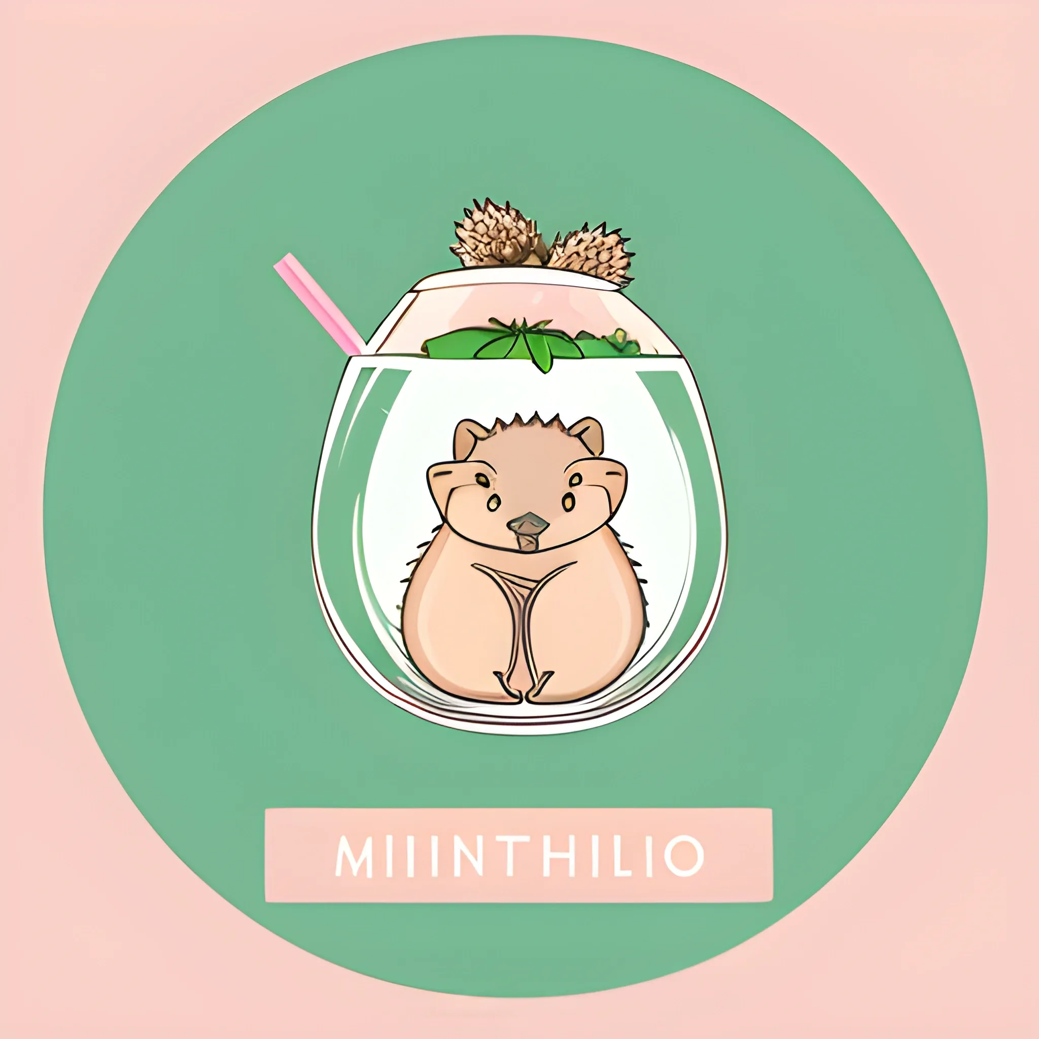 Minimalistic logo with a hedgehog image. The hedgehog is sitting in a glass of mojito. The color palette is light pink, warm. Illustrations, vector graphics, logo design.