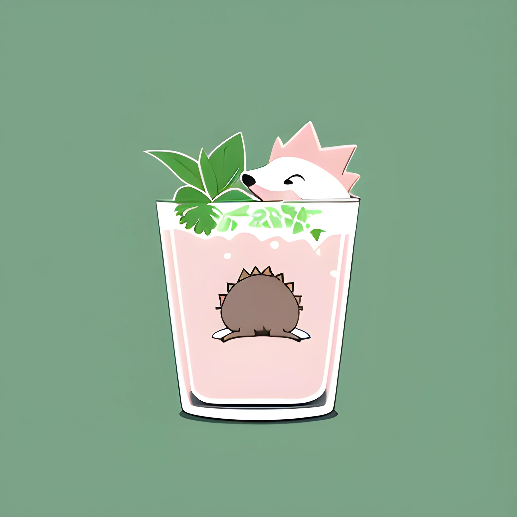 A minimalistic logo featuring a cartoon hedgehog. The hedgehog is sitting in a glass of mojito. The color palette is light pink, warm. Illustrations, vector graphics, logo design.