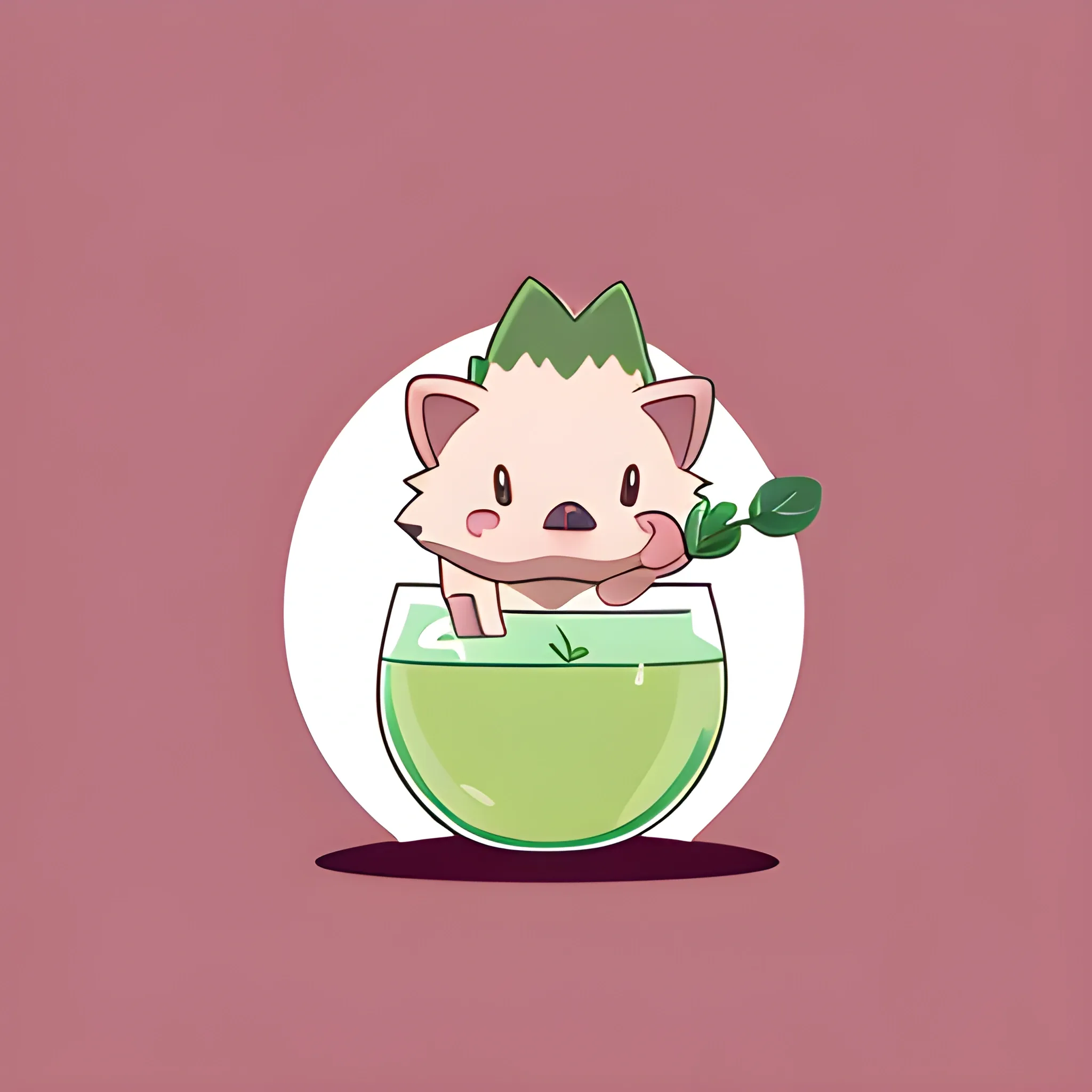 A minimalistic logo featuring a cartoon hedgehog. The hedgehog is sitting in a glass of mojito. The color palette of the background is light pink, warm. Illustrations, vector graphics, logo design.