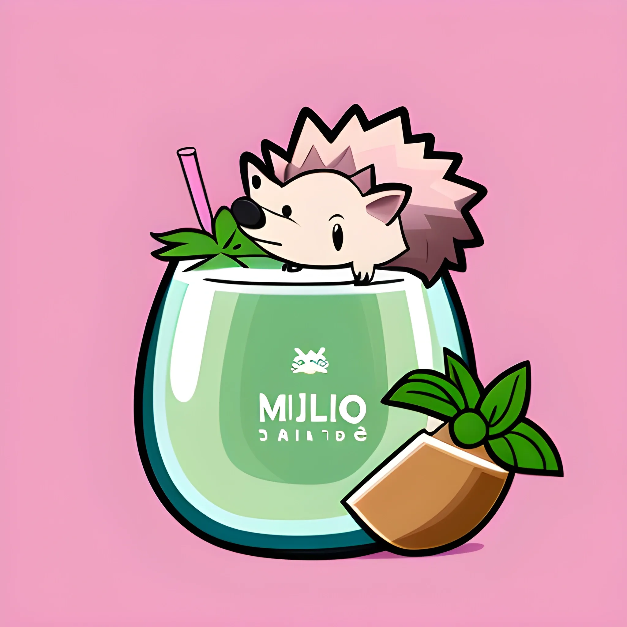 A minimalistic logo featuring a cartoon hedgehog. The hedgehog is sitting in a glass of mojito. The color palette of the background is light pink, warm. Illustrations, vector graphics, logo design.