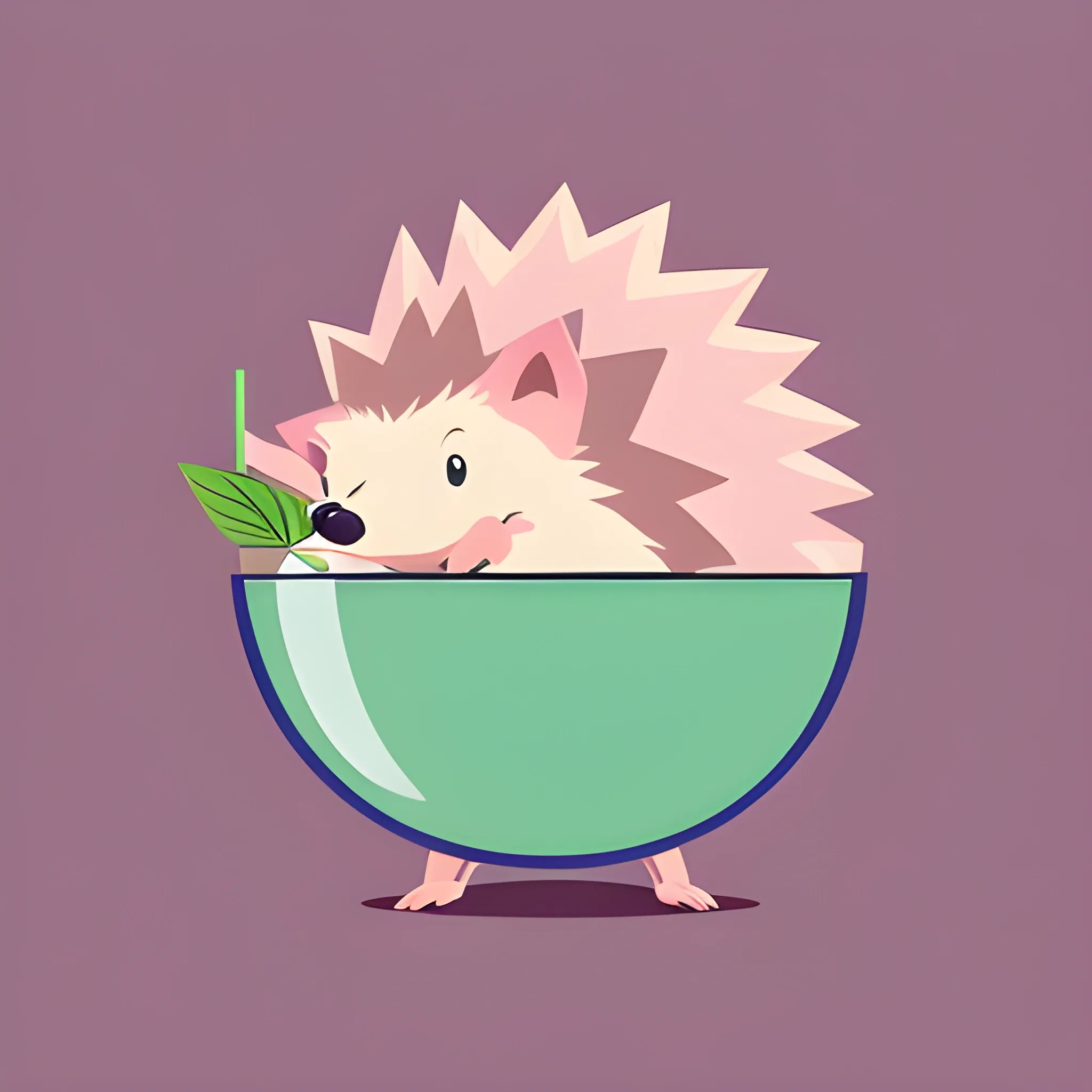 A minimalistic featuring a cartoon hedgehog. The hedgehog is sitting in a glass of mojito. The color palette of the background is light pink, warm. Illustrations, vector graphics, logo design.