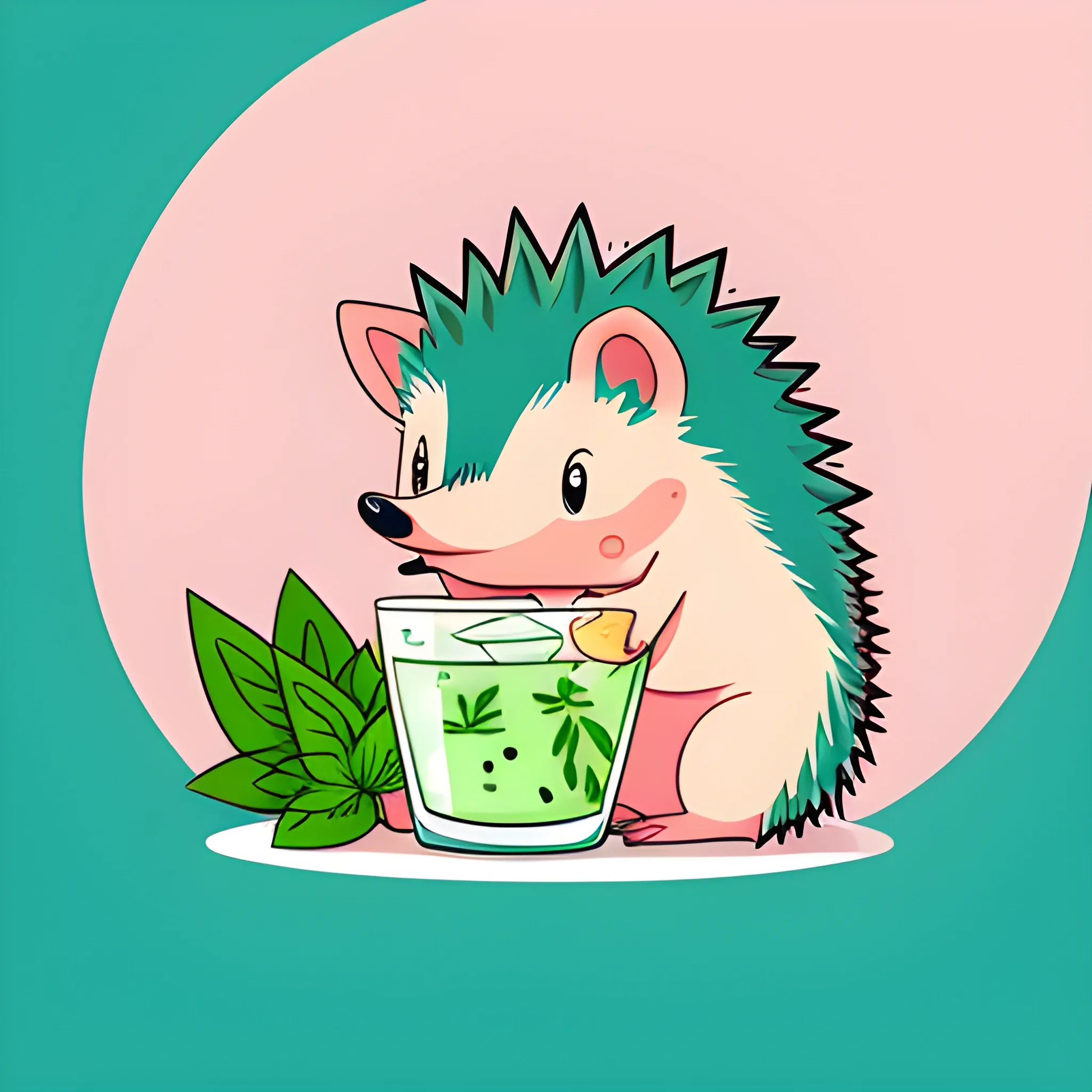 An image of a cartoon hedgehog. The hedgehog is sitting in a glass of mojito. The color palette of the background is light pink, warm. Illustrations, vector graphics, logo design.