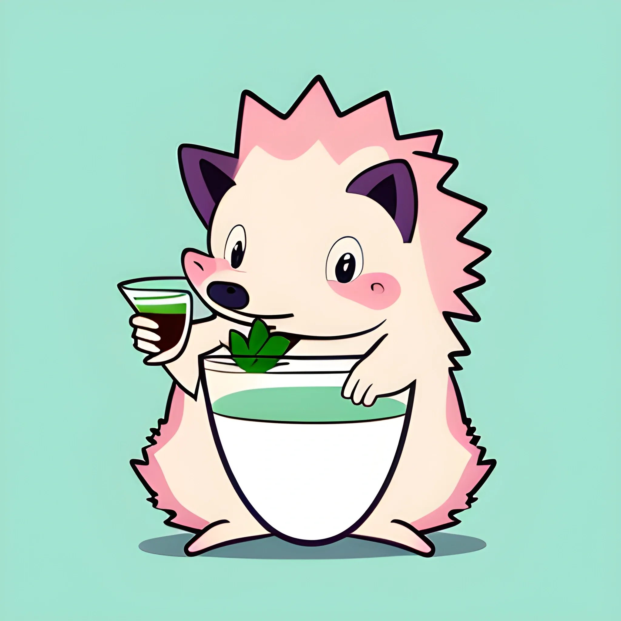 An image of a cartoon hedgehog. The hedgehog is sitting in a glass of mojito. The color palette of the background is light pink, warm. Illustrations, vector graphics, logo design.