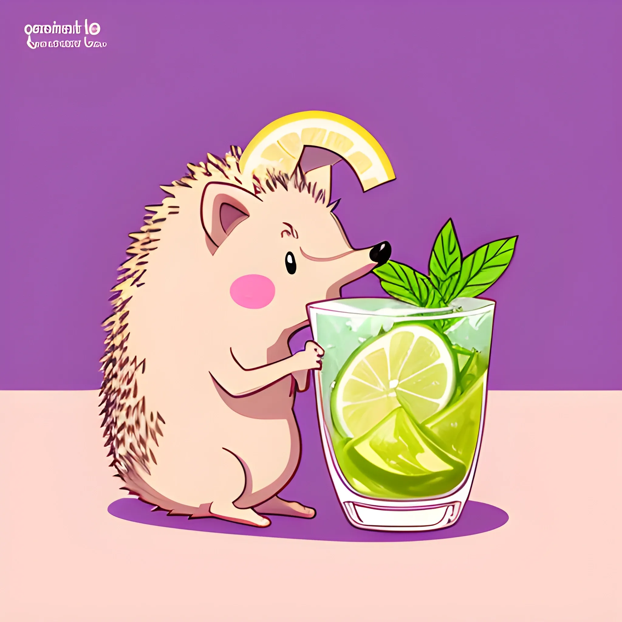 An image of a cartoon hedgehog. The hedgehog is sitting in a glass with a mojito drink and lemon. The color palette of the background is light pink, warm. Illustrations, vector graphics, logo design.