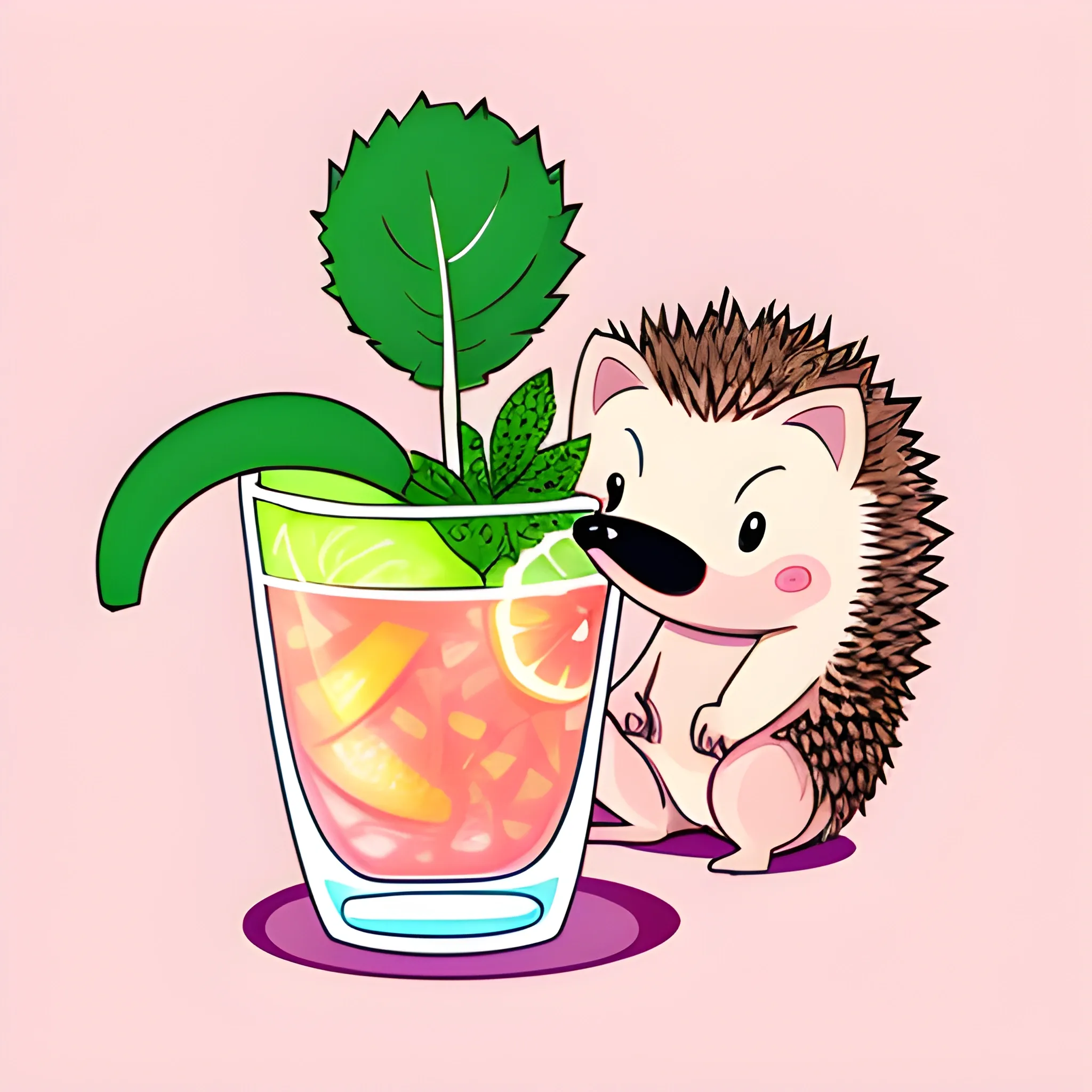 An image of a cartoon hedgehog. The hedgehog is sitting in a glass with a mojito drink. The color palette of the background is light pink, warm. Illustrations, vector graphics, logo design.