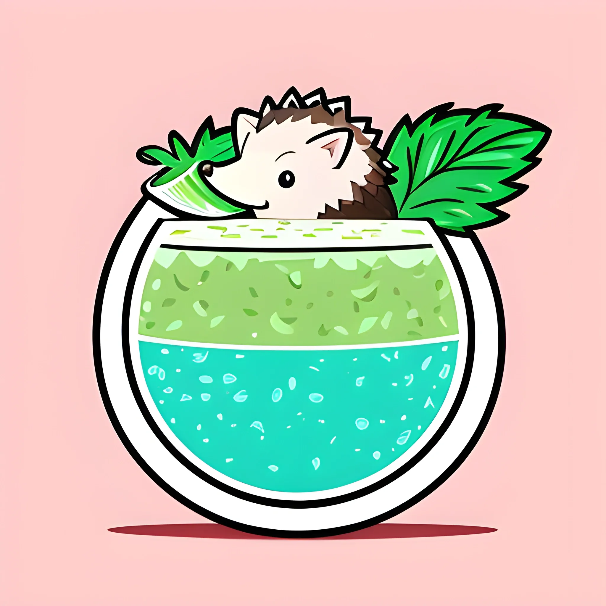 An image of a cartoon hedgehog. A hedgehog is bathing in a glass with a mojito drink. The color palette of the background is light pink, warm. Illustrations, vector graphics, logo design.