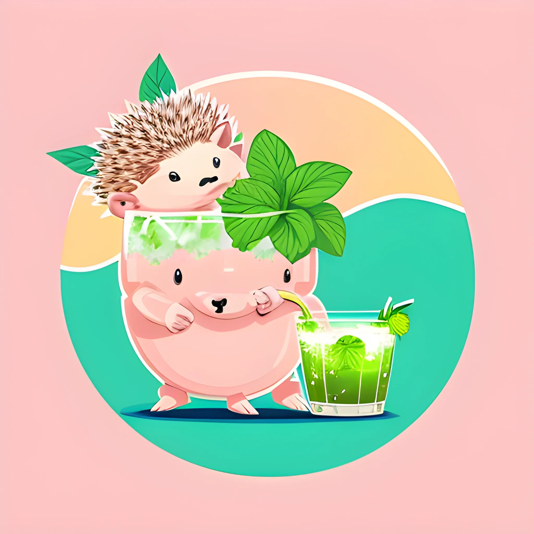 An image of a cartoon hedgehog. A hedgehog is bathing in a glass with a mojito drink. The color palette of the background is light pink, warm. Illustrations, vector graphics, logo design.