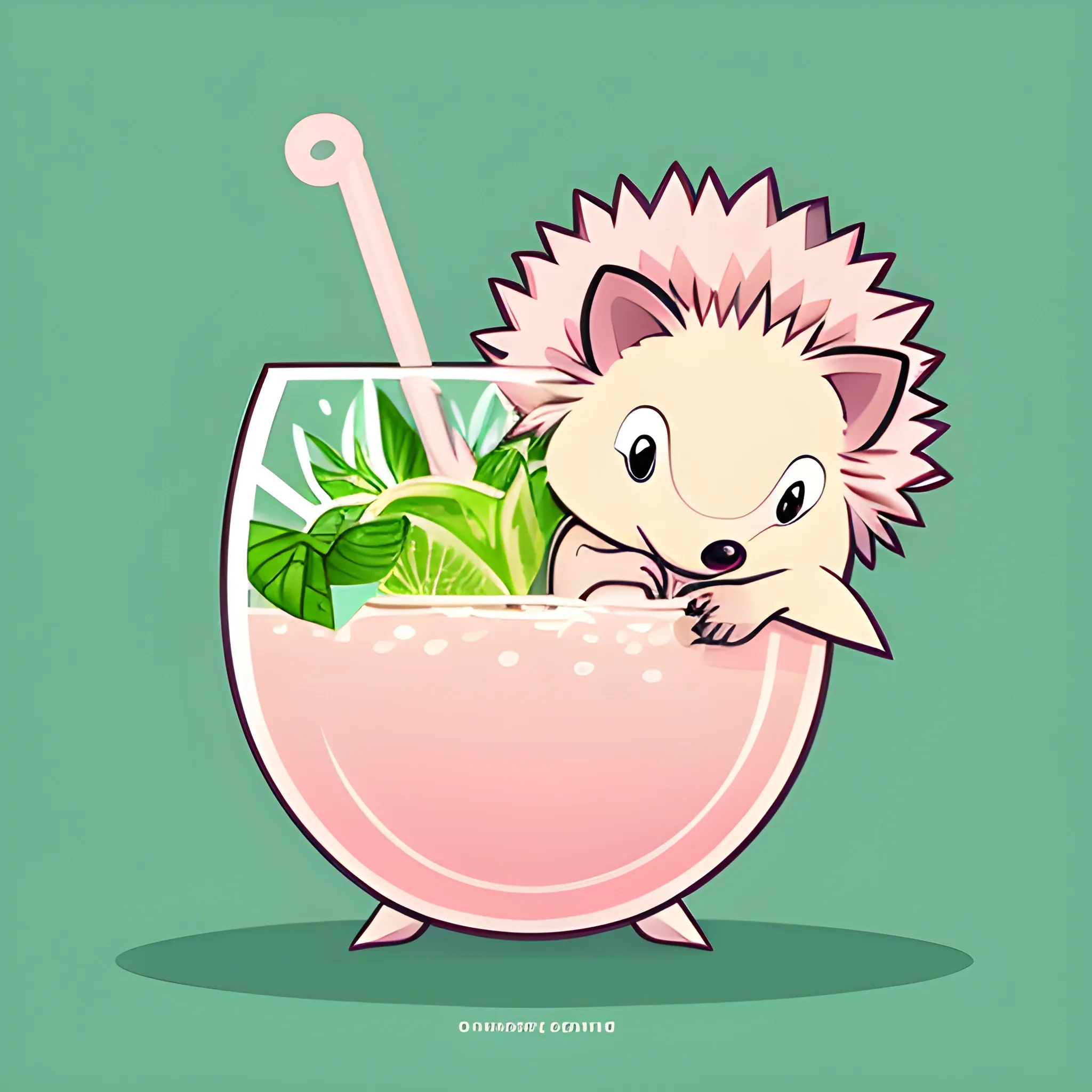 An image of a cartoon hedgehog. A hedgehog is bathing in a glass with a mojito drink. The color scheme of the background is light pink, warm. Illustrations, vector graphics.