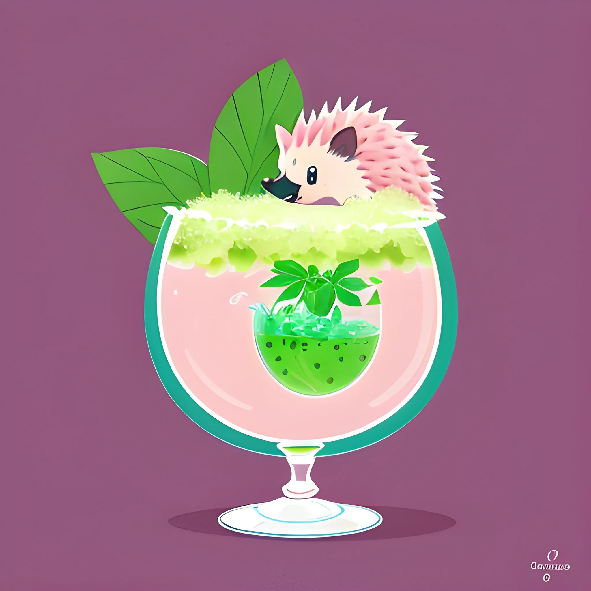 An image of a cartoon hedgehog. A hedgehog is bathing in a glass with a mojito drink. The color scheme of the background is light pink, warm. Illustrations, vector graphics.