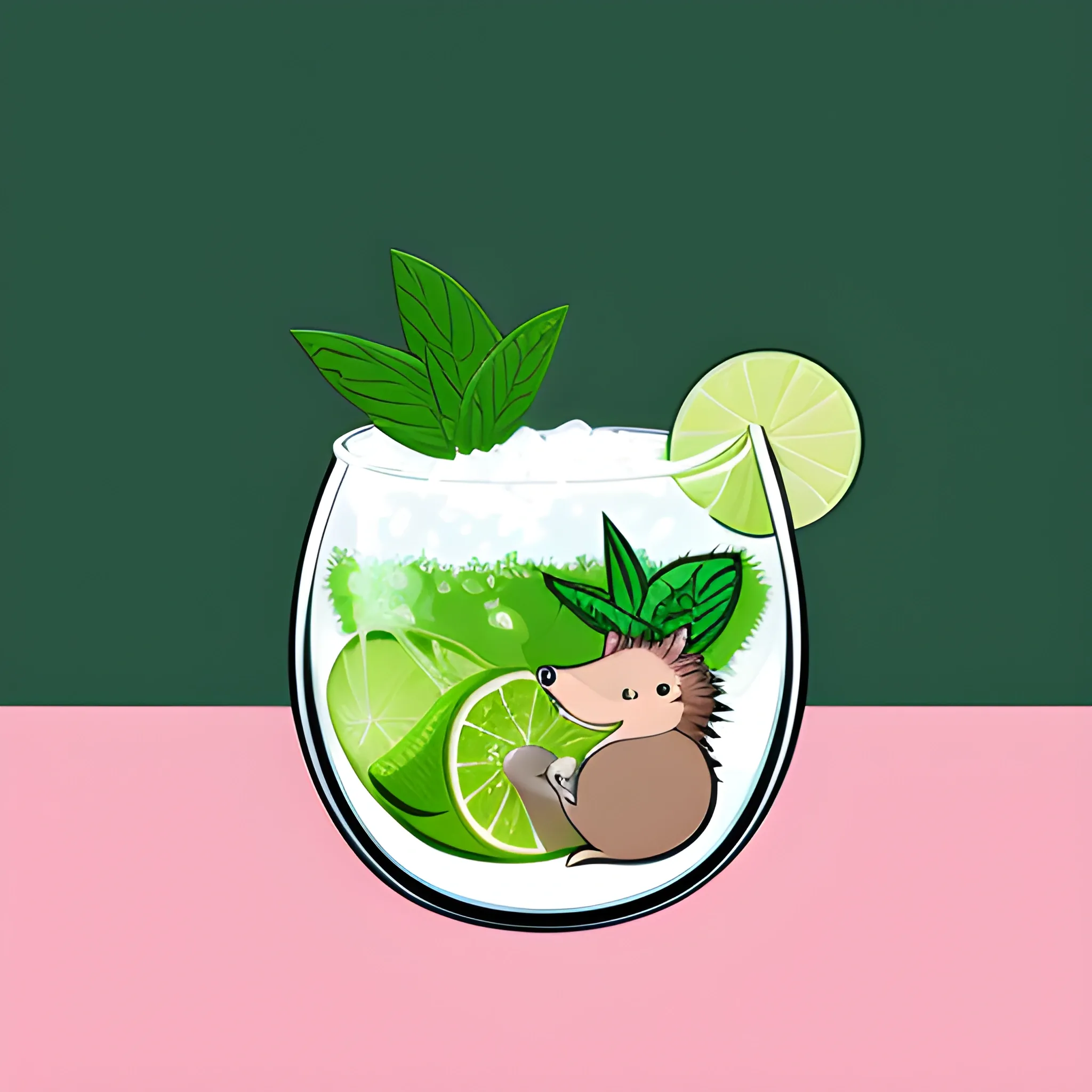 An image of a cartoon hedgehog. A hedgehog is bathing in a glass with a mojito drink. The color scheme of the background is light pink, the hedgehog is dark gray, and the mojito is green. Illustrations, vector graphics.