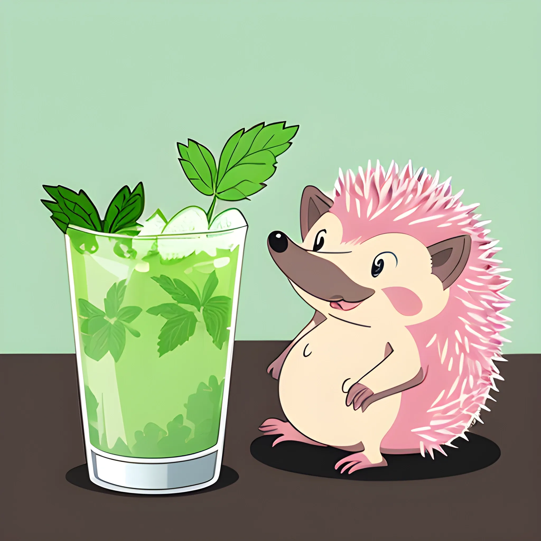 An image of a cartoon hedgehog. A hedgehog is bathing in a glass with a mojito drink. The color scheme of the background is light pink, the hedgehog is dark gray, brown, and mojito green. Illustrations, vector graphics.