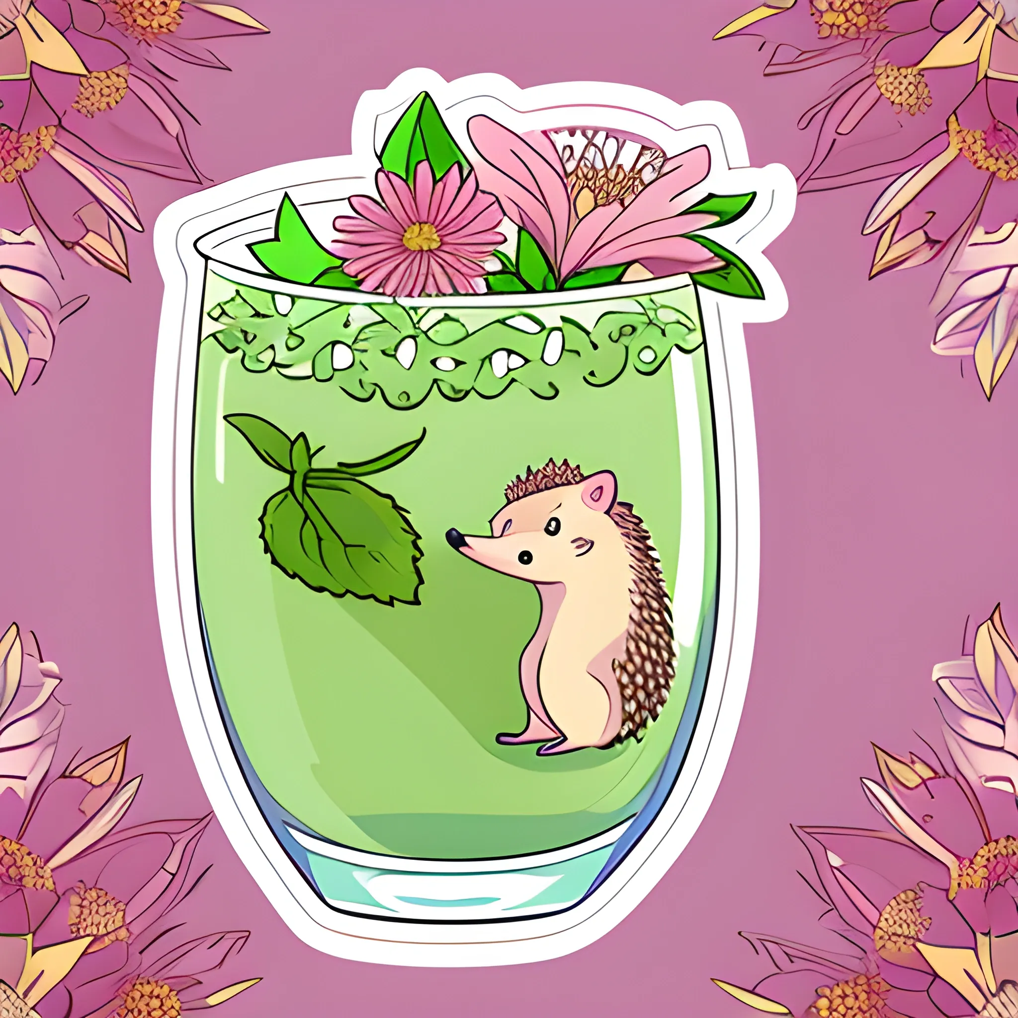 hedgehog in a glass with mojito, sticker, in the style of Ellie Brosh, background of light pink flowers, contour, vector, detailed