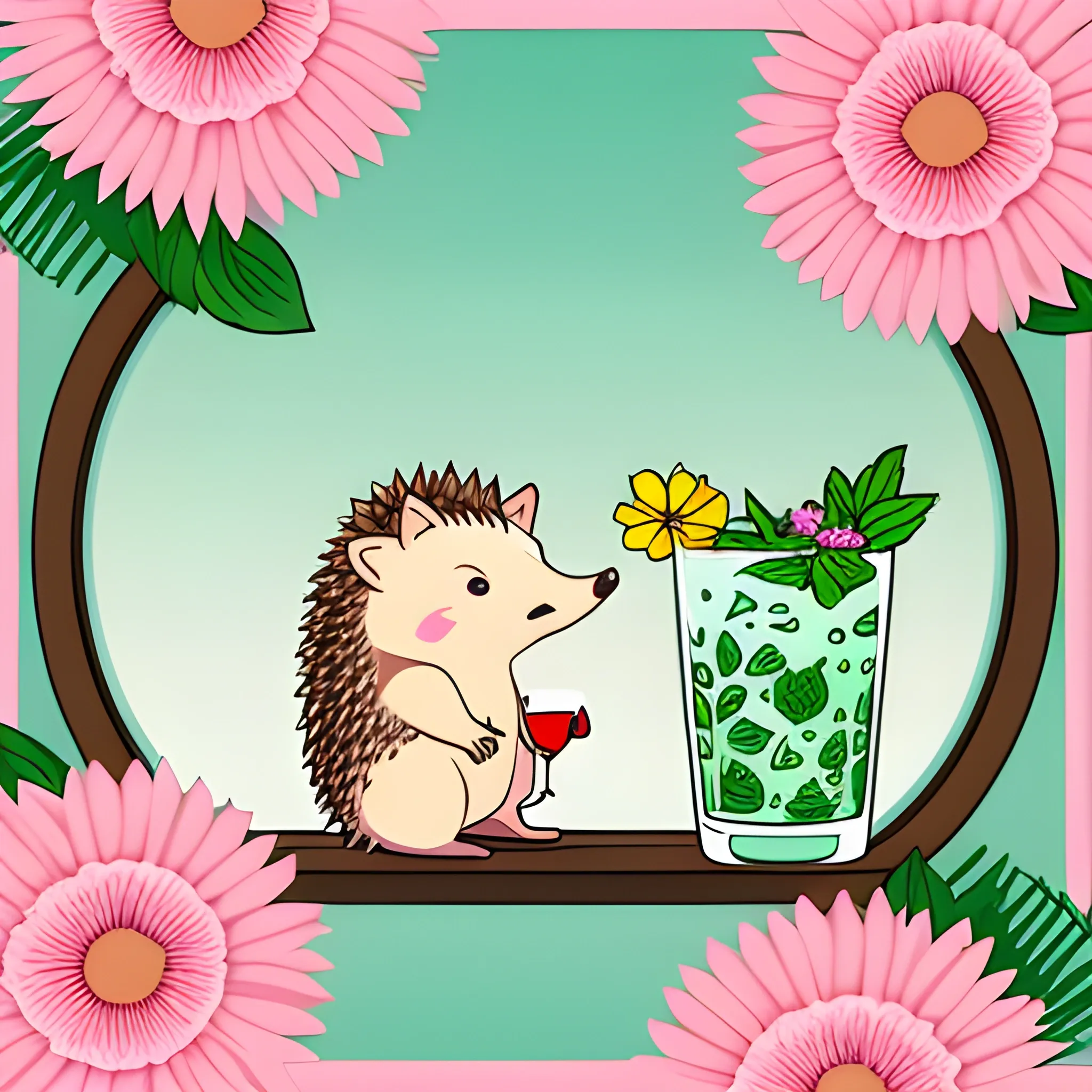 a big hedgehog sits on a glass of mojito, sticker, in the style of Ellie Brosh, background of light pink flowers, vector, detailed