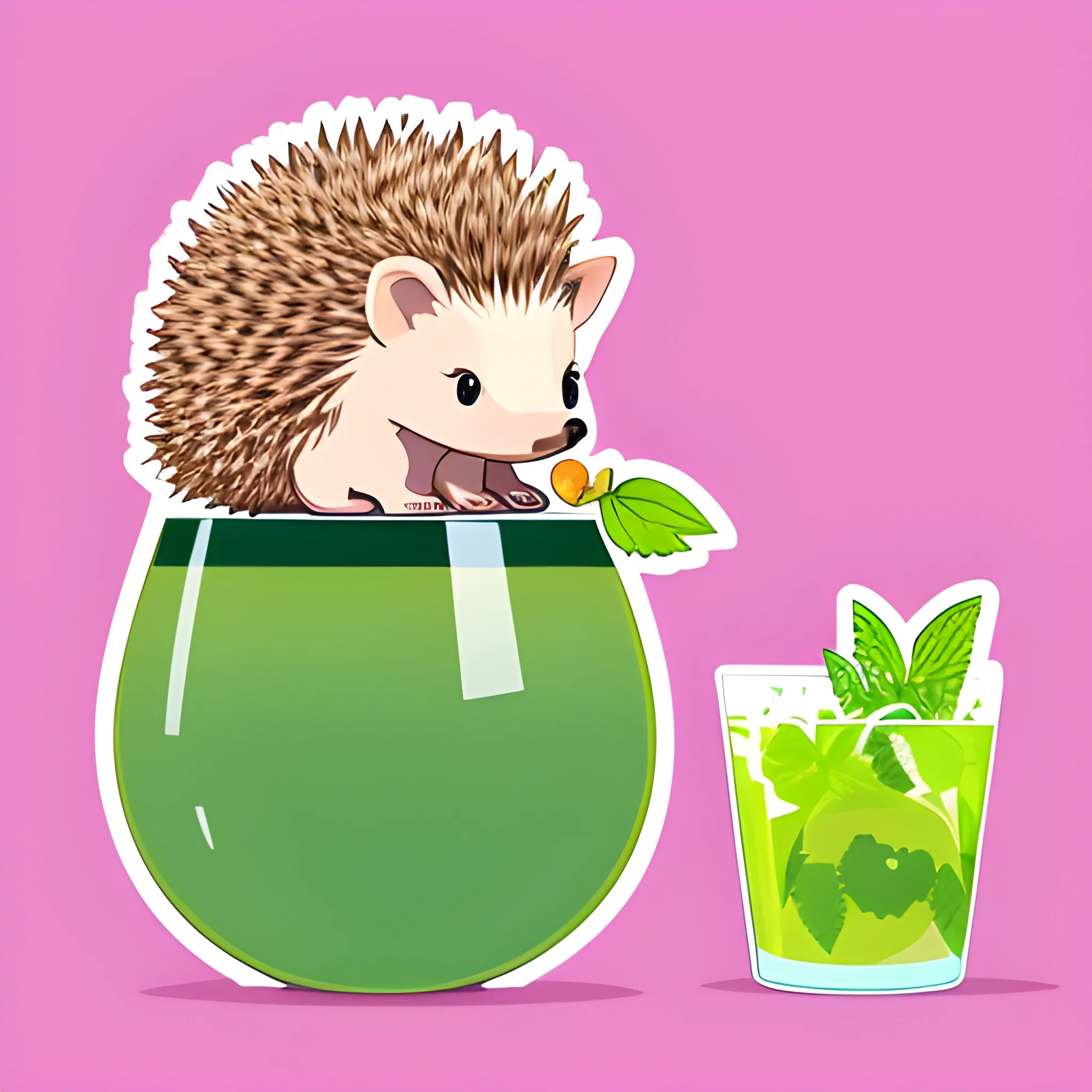 a big hedgehog sits on a glass of mojito, sticker, light pink background, vector, detailed