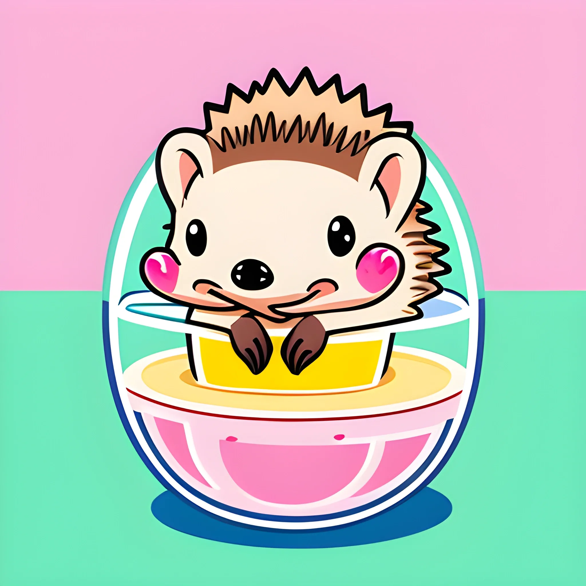 Hedgehog sitting in a glass of mahito, Sticker, Cute, Bright colors, Cartoon, Outline, Vector, Light pink background, Detailed