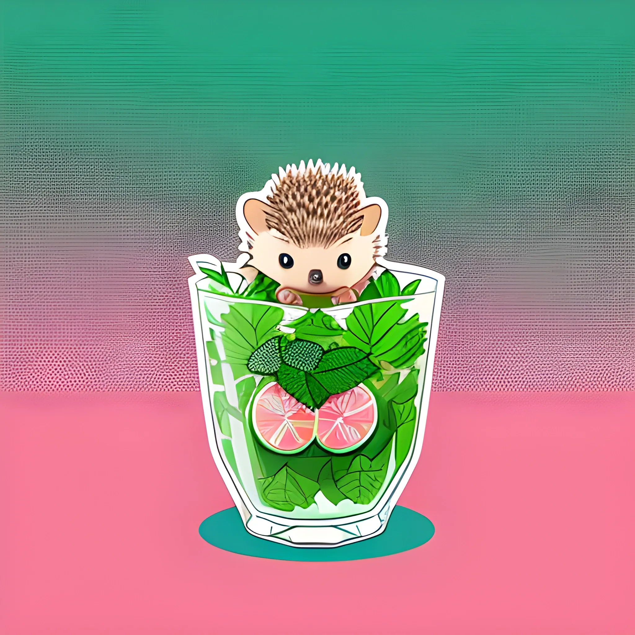 Hedgehog sitting in a glass of mojito, Sticker, Joyful, Cool colors, Pixel graphics, Contour, Vector, Pink background, Detailed