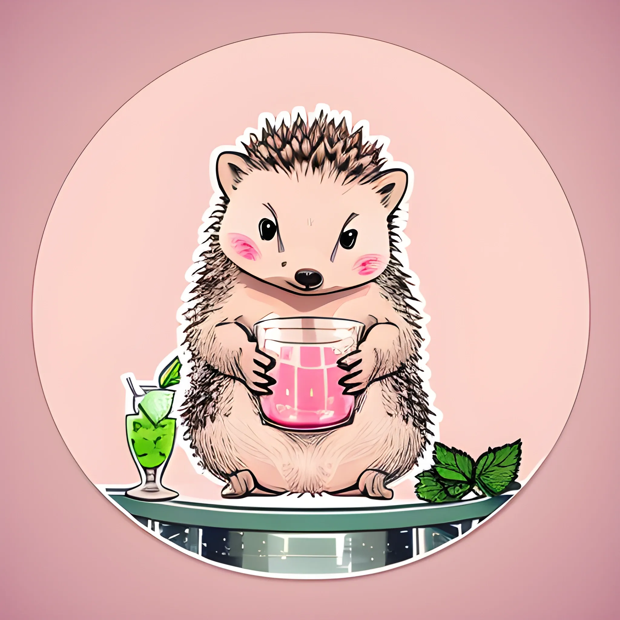 a large hedgehog sits on a glass of mojito, sticker, monochrome background of light pink color, vector, detailed