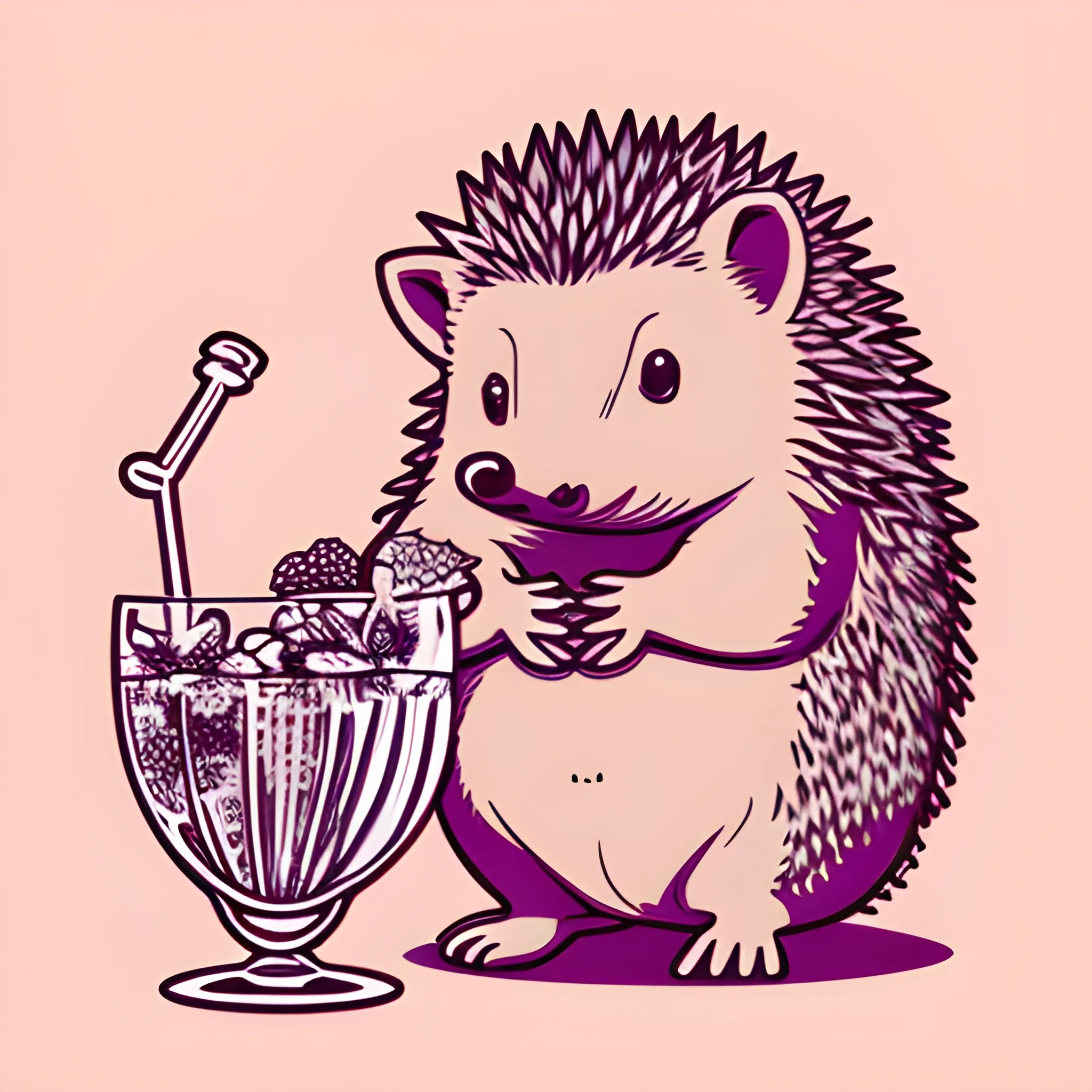 a large hedgehog sits on a glass of mojito, sticker, monochrome background of light pink color, vector, detailed