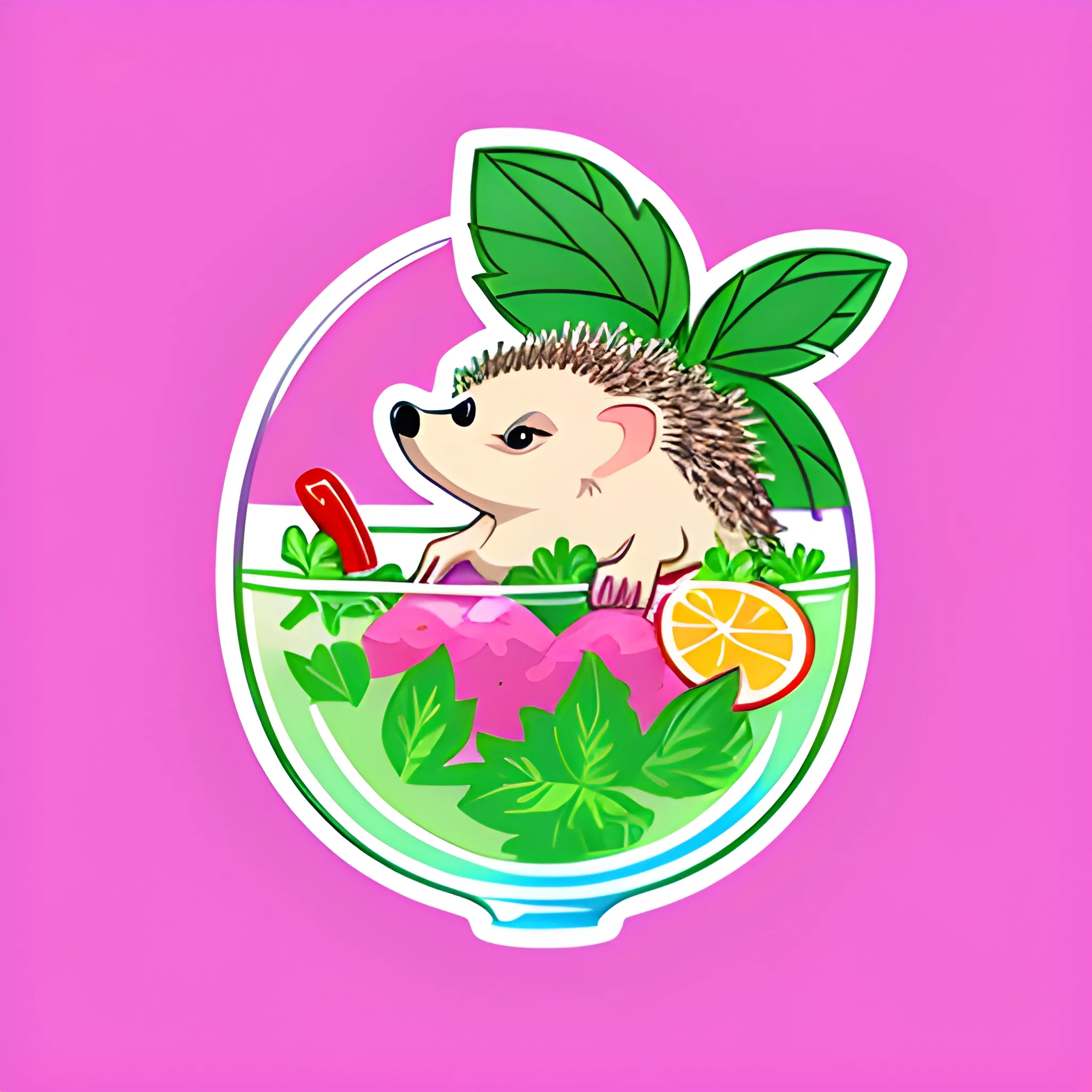 Hedgehog sitting in a glass of mojito, Sticker sticker, Cool Colors, Pixel Graphics, Contour, Vector, Pink background, Detailed