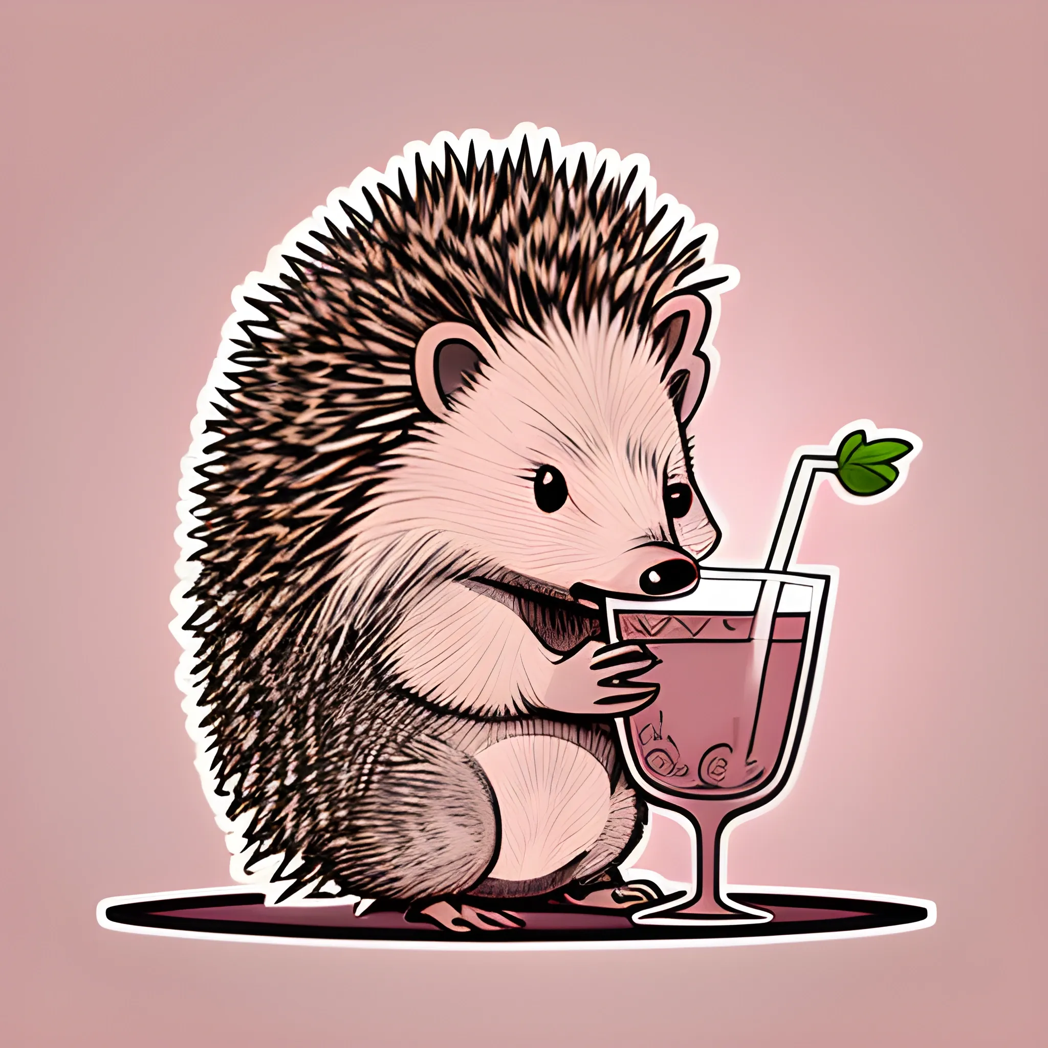 a large hedgehog sits on a glass of mojito, sticker, monochrome background of light pink color, vector, detailed