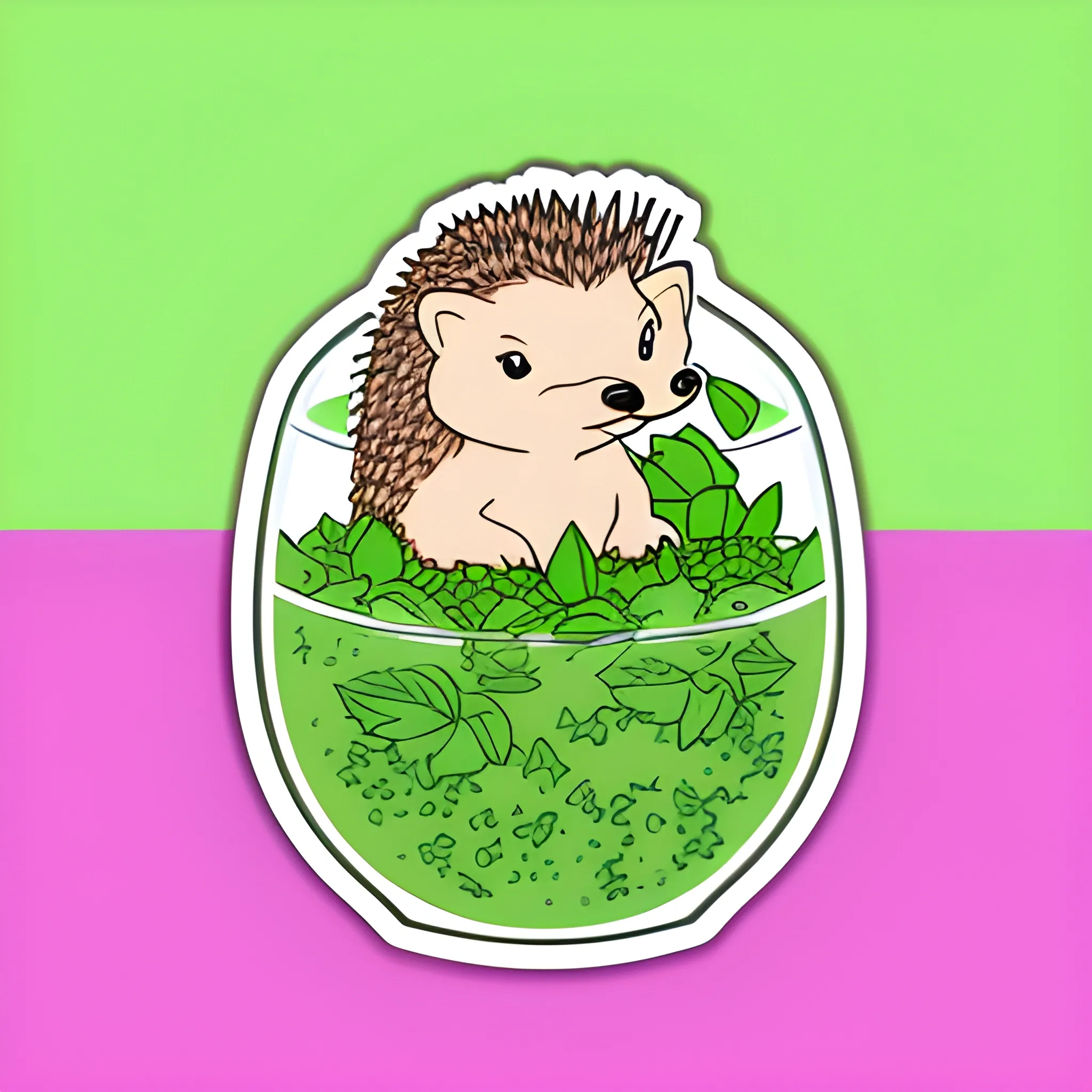 Hedgehog sitting in a glass green mojito, Sticker sticker, Cool colors, Pixel graphics, Contour, Vector, Pink background, Detailed