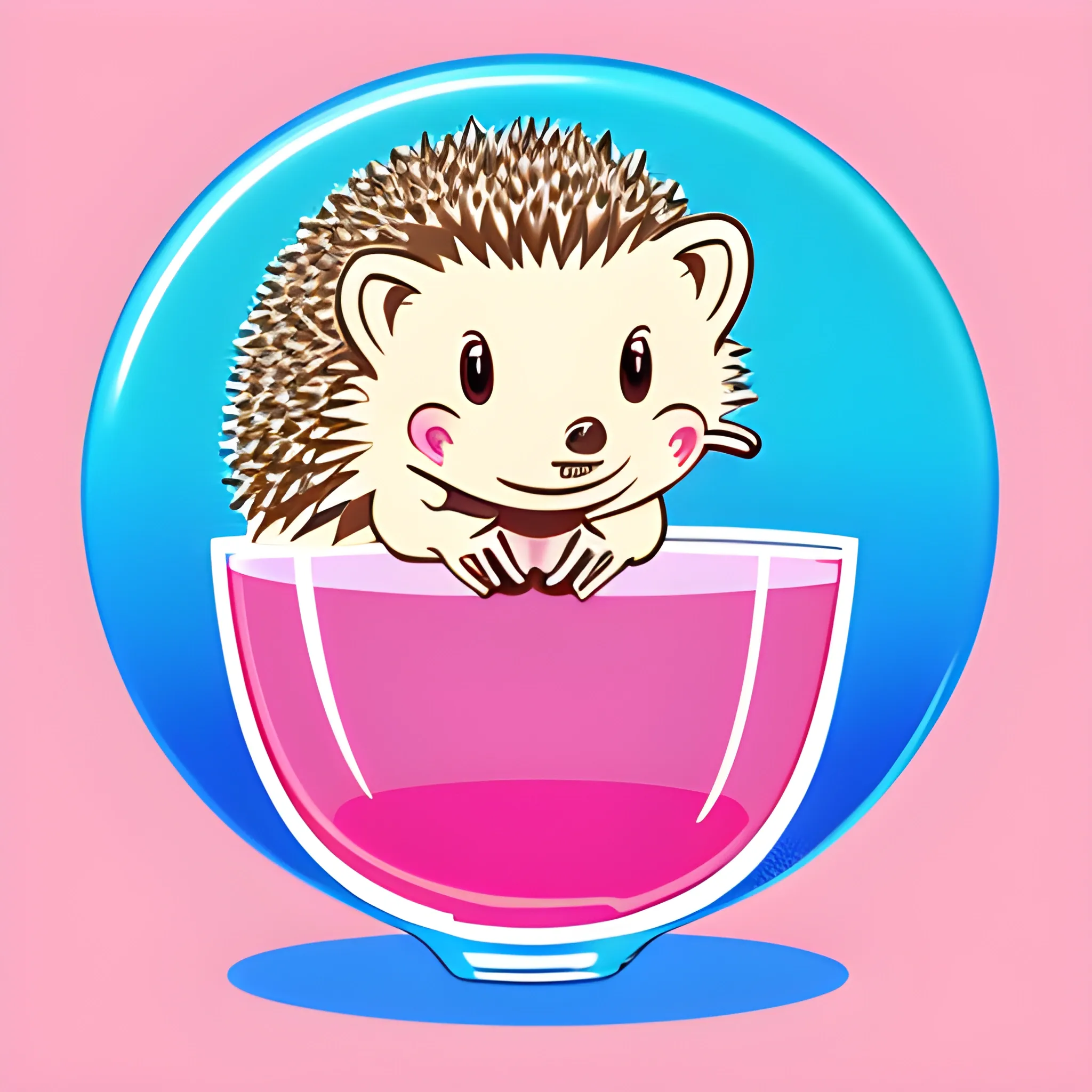 The hedgehog is sitting in a glass of mahito, Sticker, Adorable, Primary Color, Digital Art, Contour, Vector, pink Background