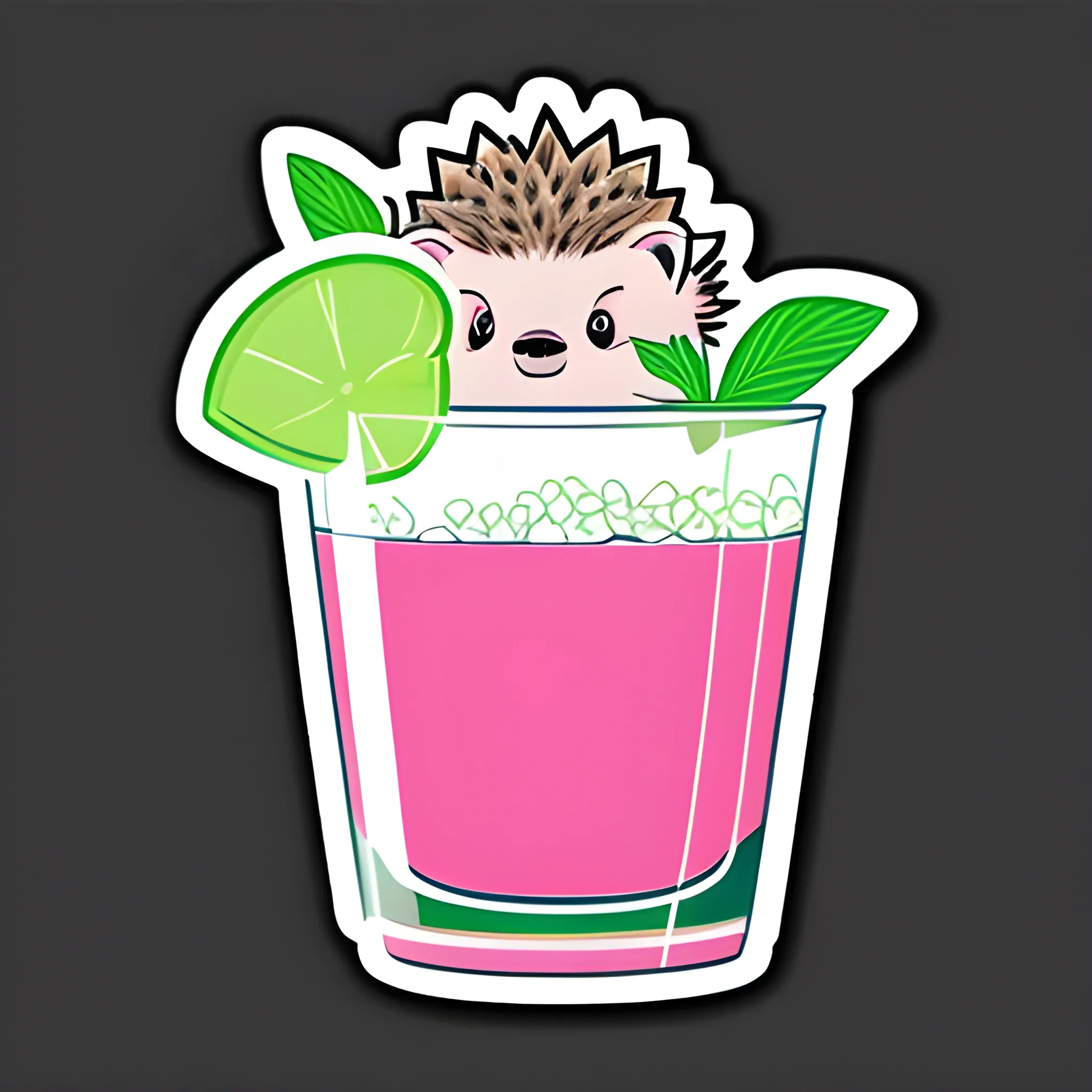 Sticker, hedgehog with a glass of green mojito, surrounded by a black outline, on a pink background