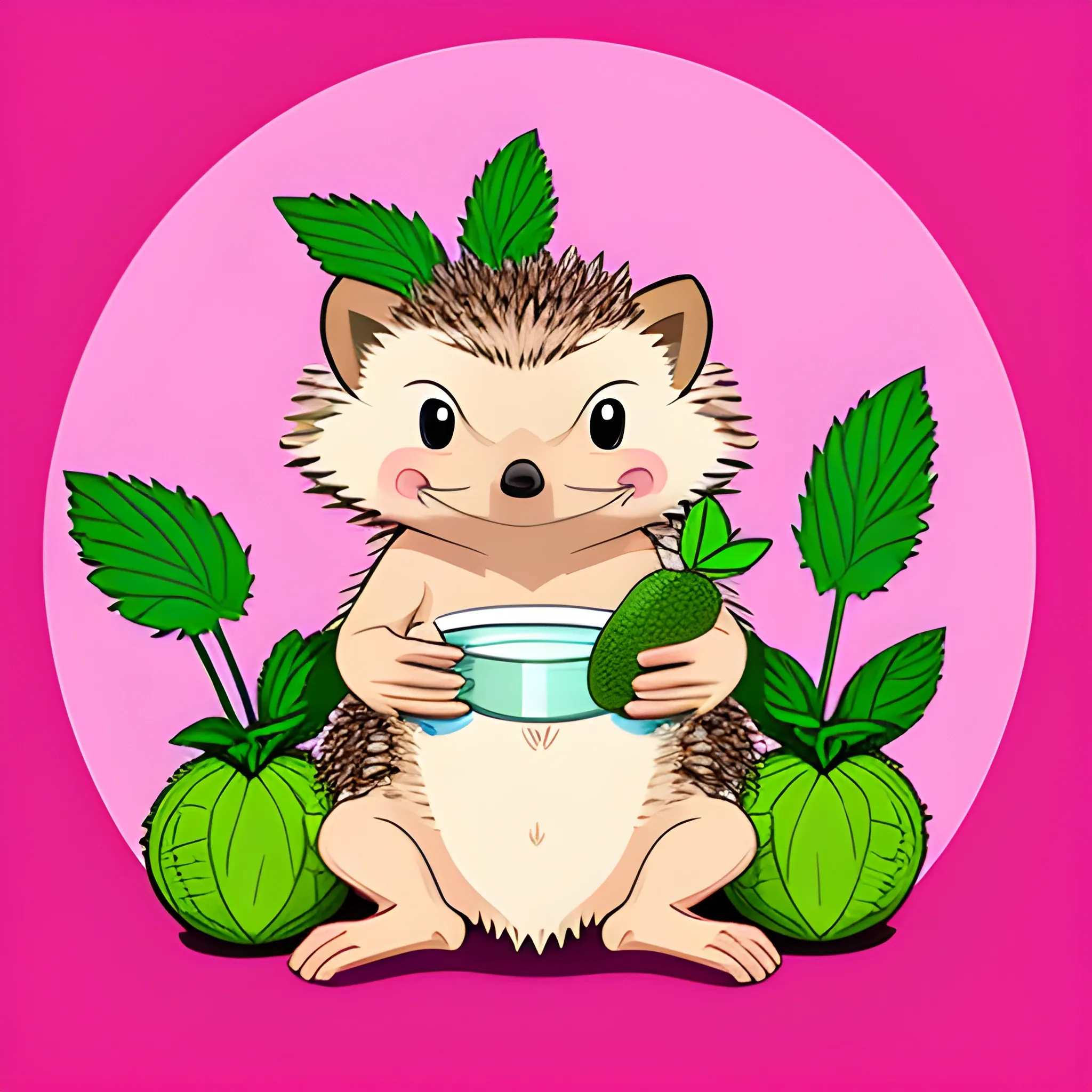 hedgehog with mojito ((funny)), surrounded by a black outline, on a pink background