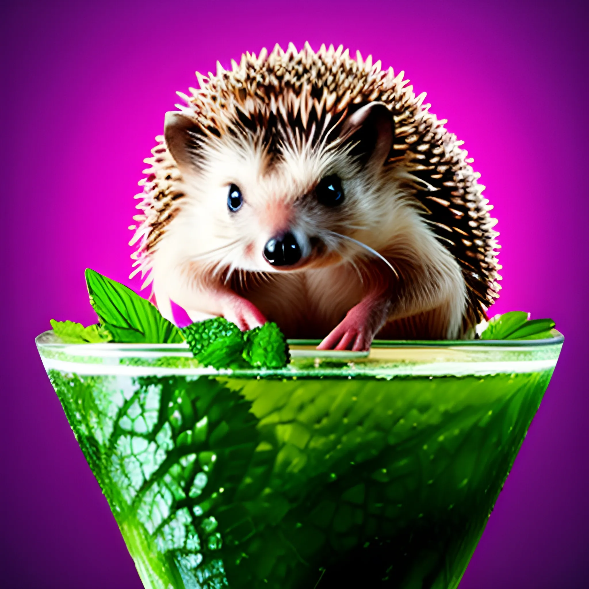 hedgehog on the mojito ((funny)), surrounded by a black outline, on a ligh pink background