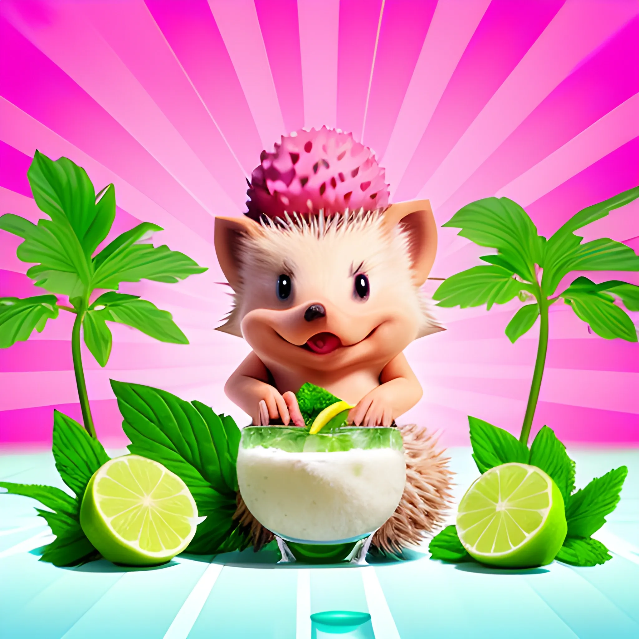 Cartoon hedgehog on the mojito ((funny)), on a ligh pink background, 