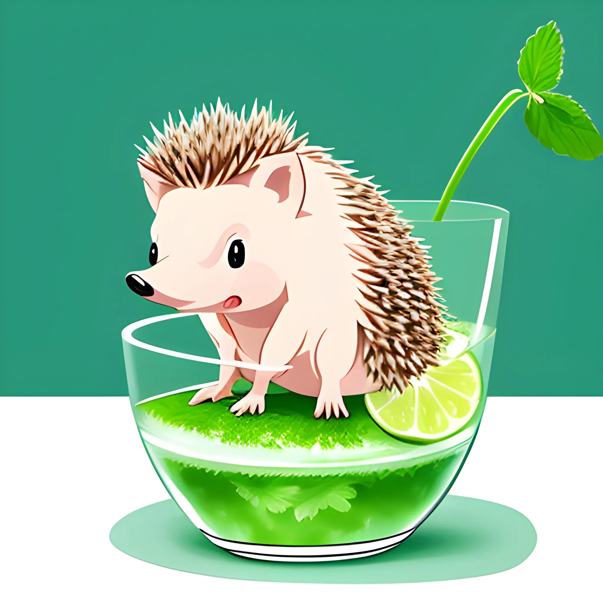 Create an image of a cartoon hedgehog sitting on top of a glass of mojito. The background should be a solid light pink color, without any additional elements