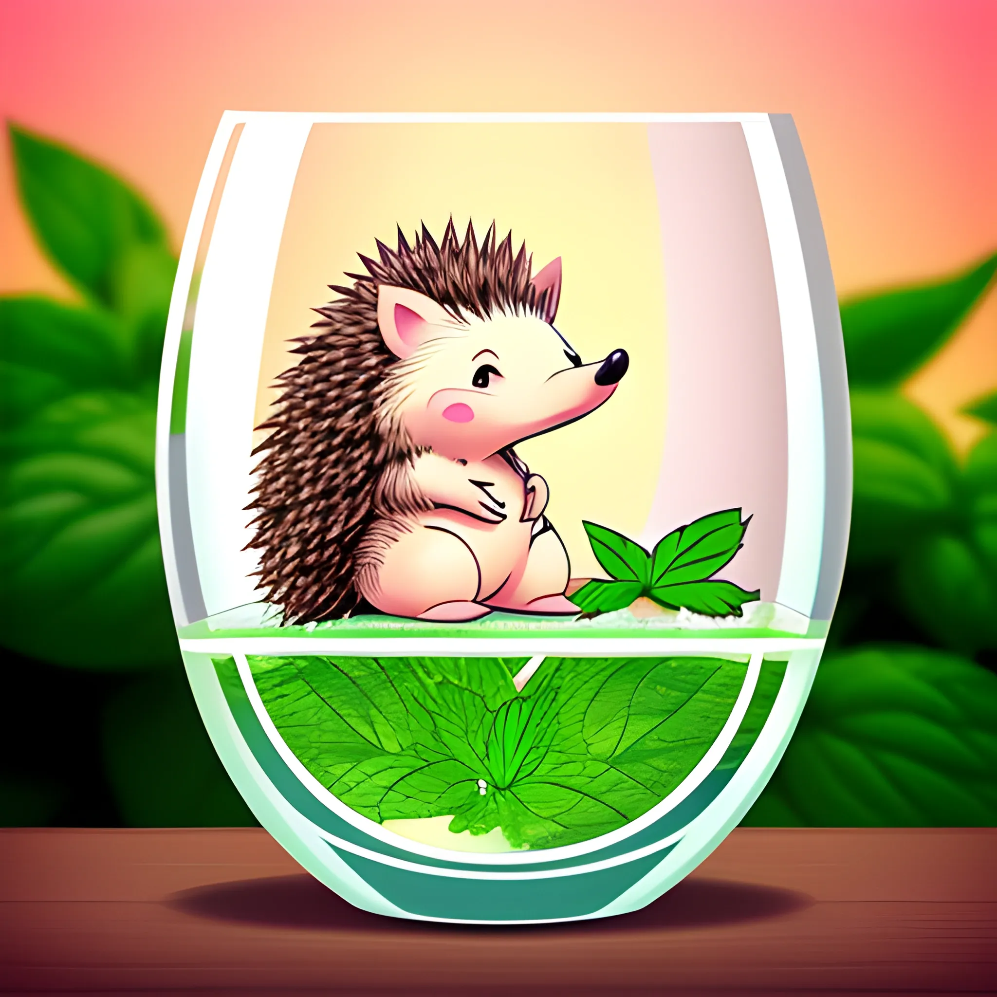 Create an image of a cartoon hedgehog sitting on top of a glass of mojito. The background should be a solid light pink color, without any additional elements