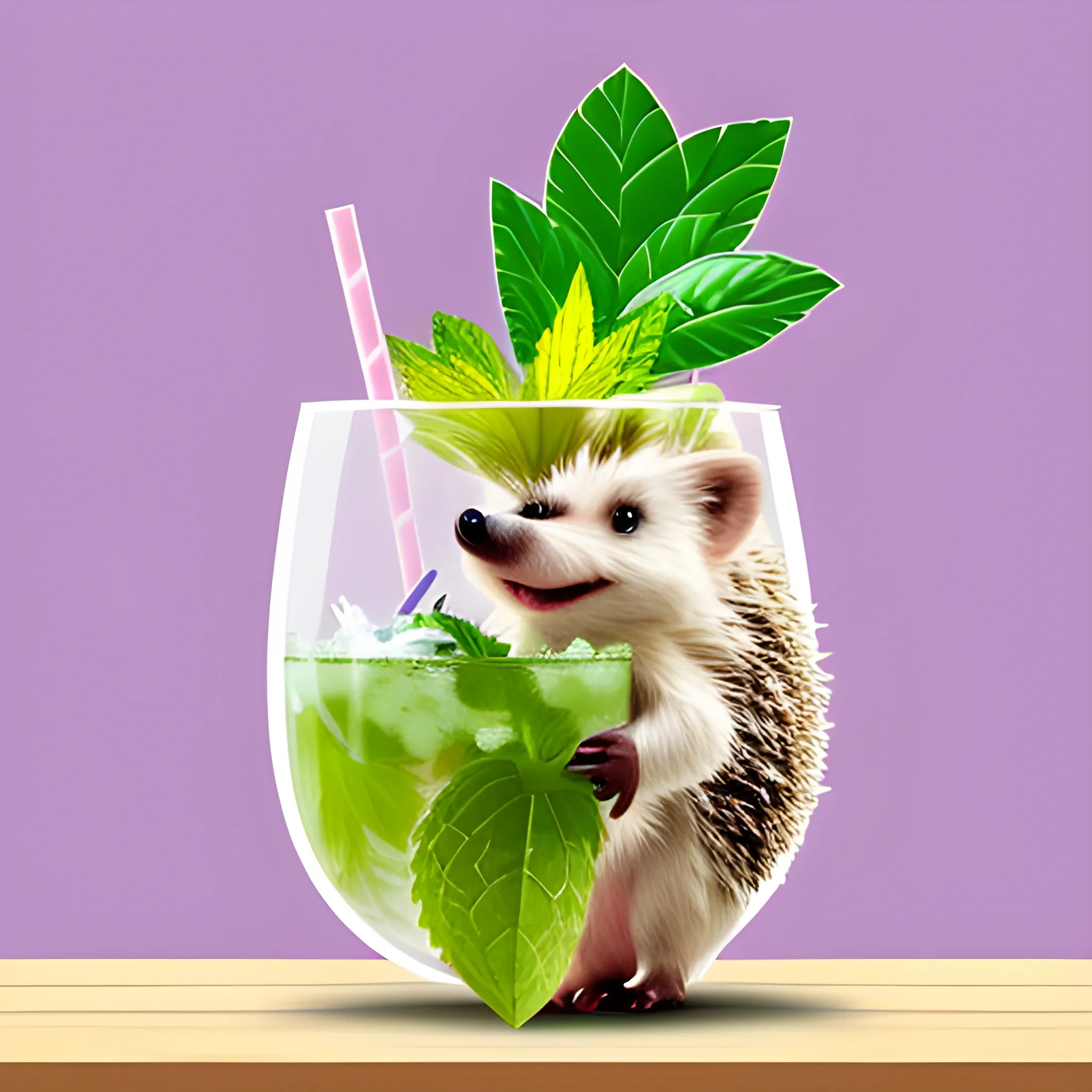 Generate an image of a cartoon hedgehog sitting on top of a glass of mojito. The background should be a solid light pink color with no other elements.