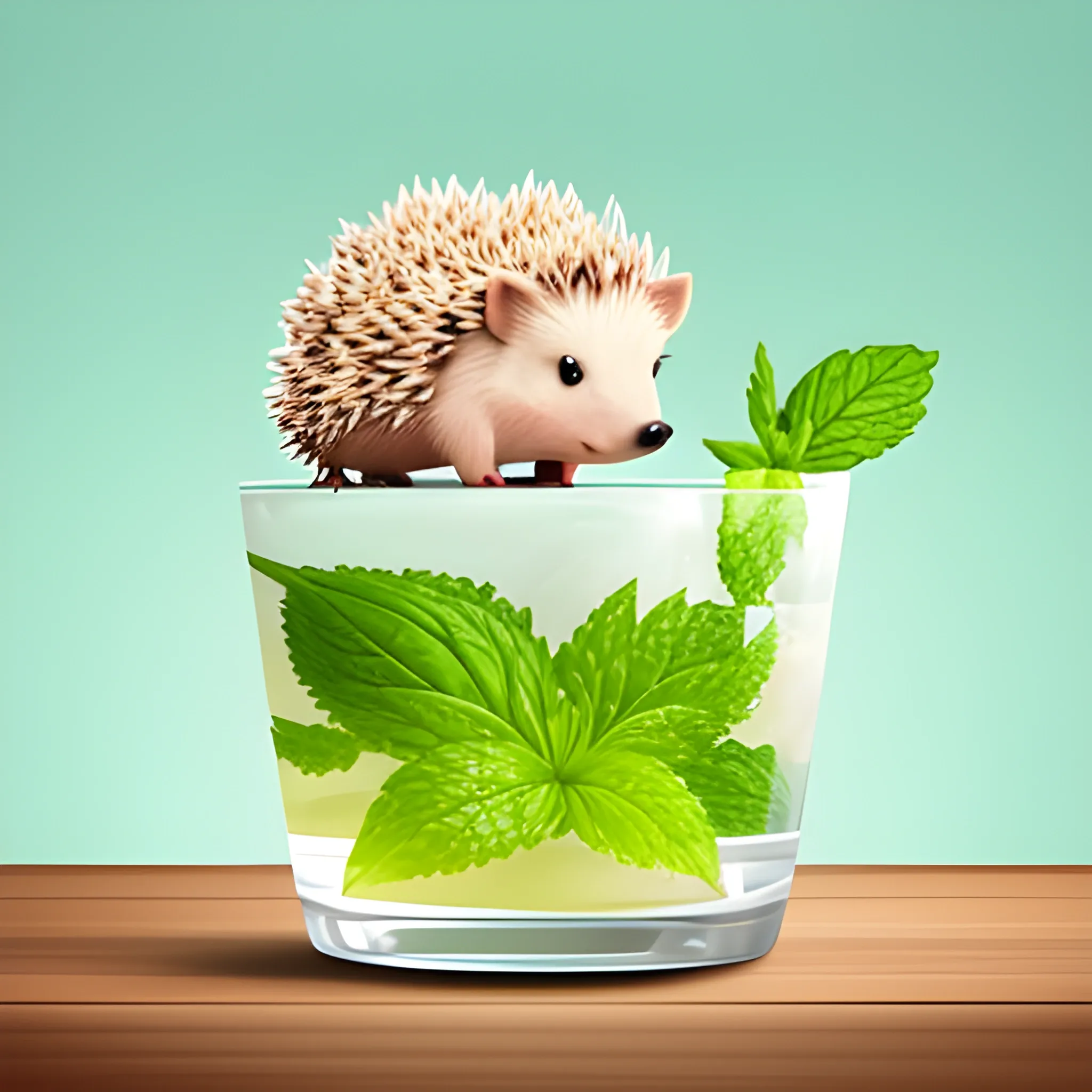 Create an image of a cartoon hedgehog sitting on top of a glass of mojito. The background should be a solid light pink color, with no other colors or elements