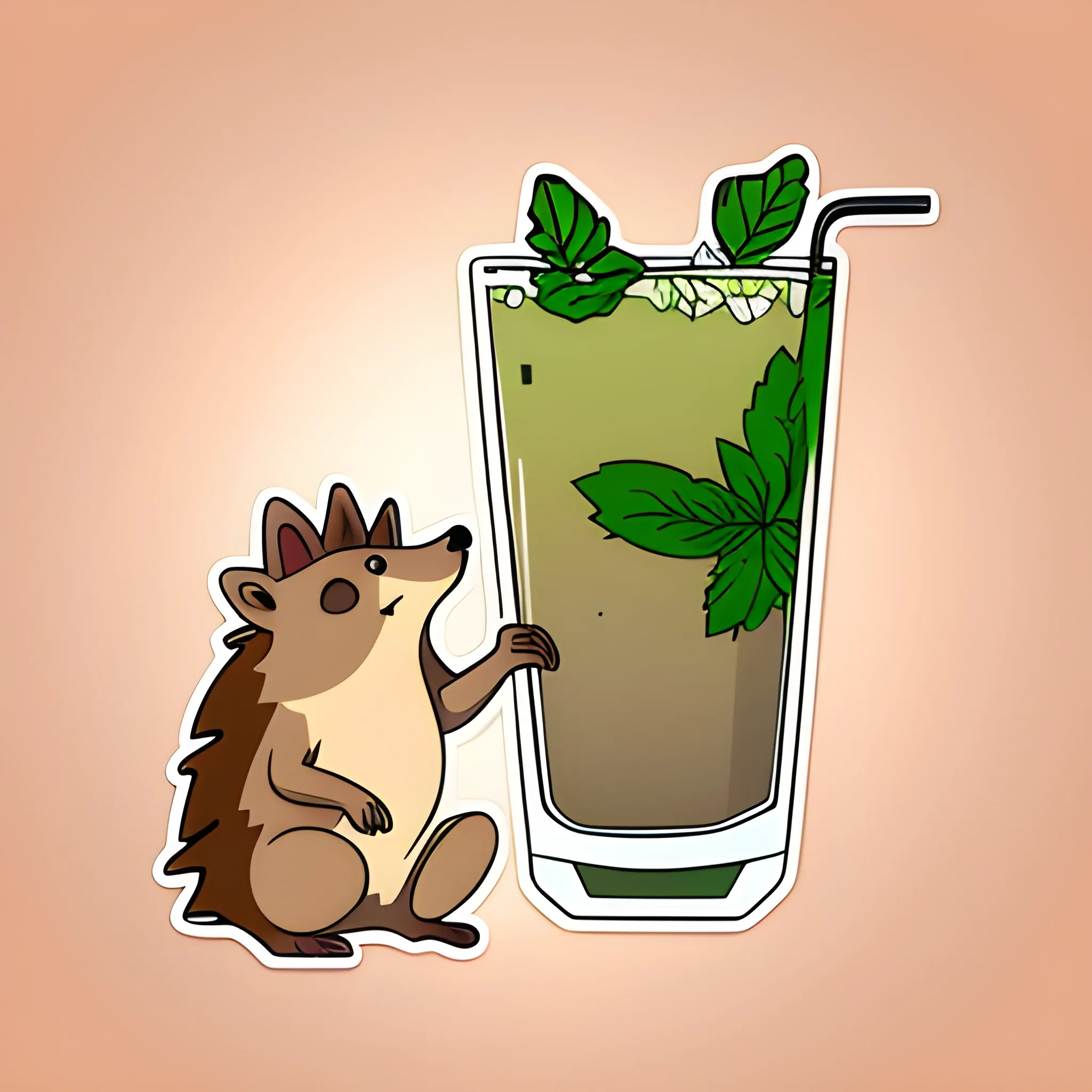 the sticker has no outline. A brown hedgehog is sitting in a transparent glass, with a green mojito inside the glass. The background is light peach color. A vector image. Cartoon style