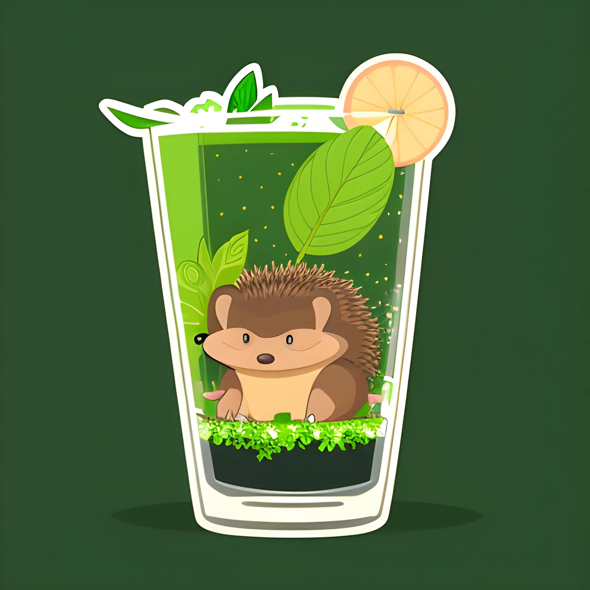 A brown hedgehog is sitting in a transparent glass, with a green mojito inside the glass. The background is light peach color. A vector image. Cartoon style. Sticker