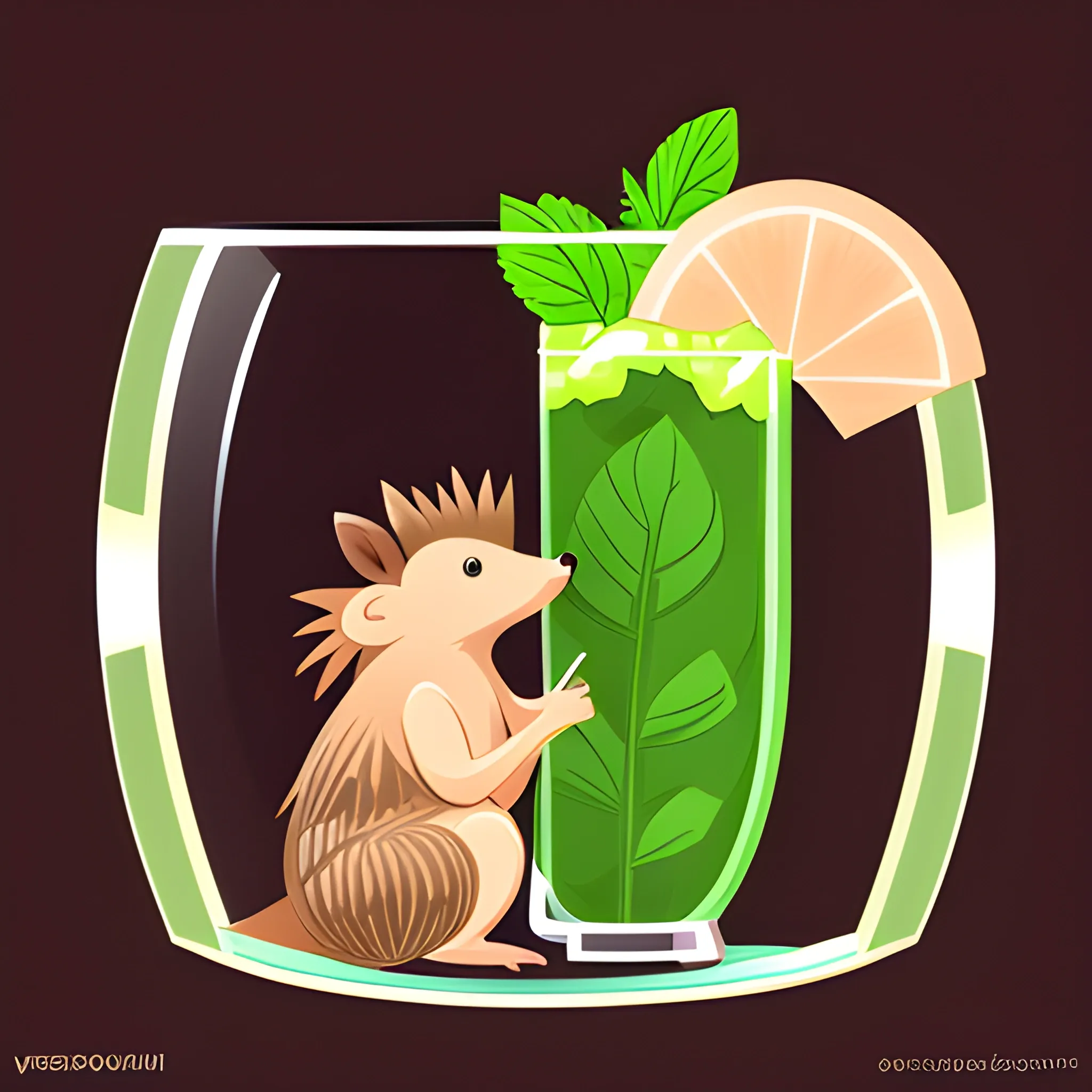 A brown hedgehog is sitting in a transparent glass, with a green mojito inside the glass. The background is light peach color. A vector image. Cartoon style