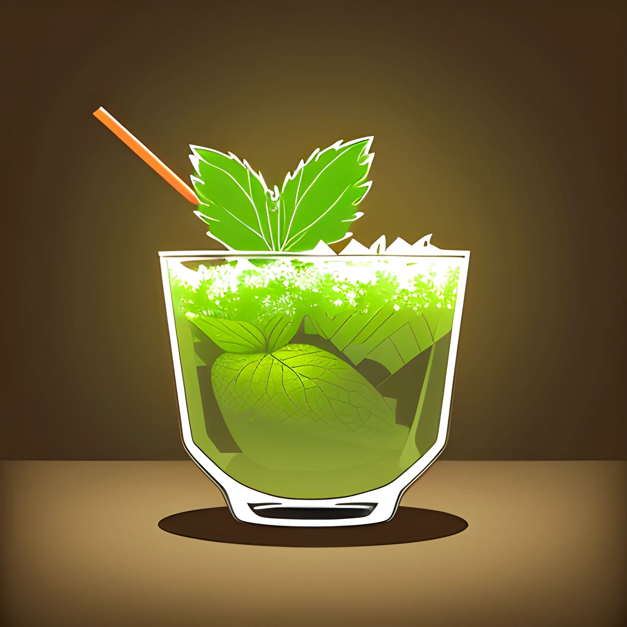 A brown hedgehog is sitting in a transparent glass, with a green mojito inside the glass. The background is light peach color. A vector image. Cartoon style