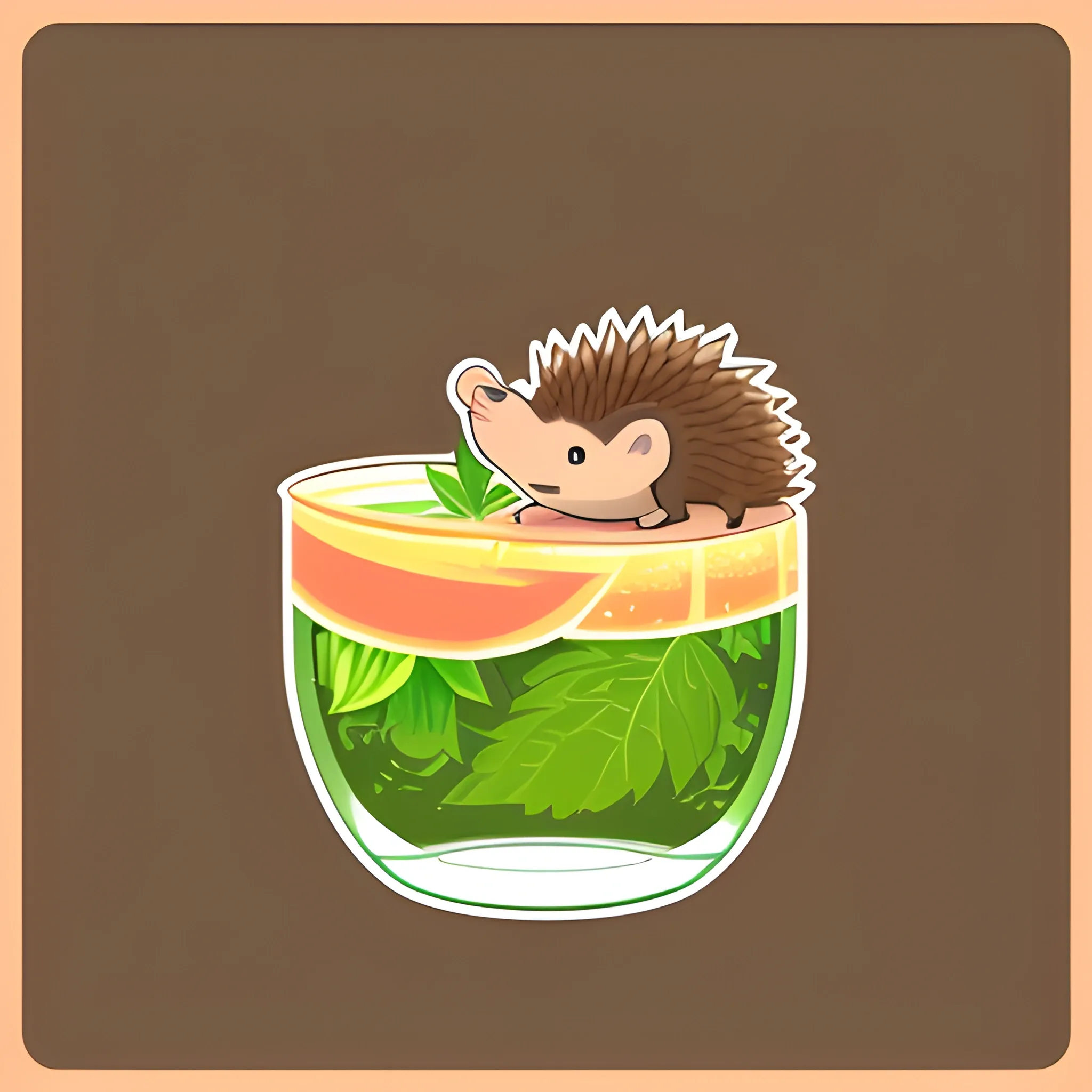 A brown hedgehog is bathing in a glass of mojito. The background is light peach color. A vector image. Cartoon style. Sticker