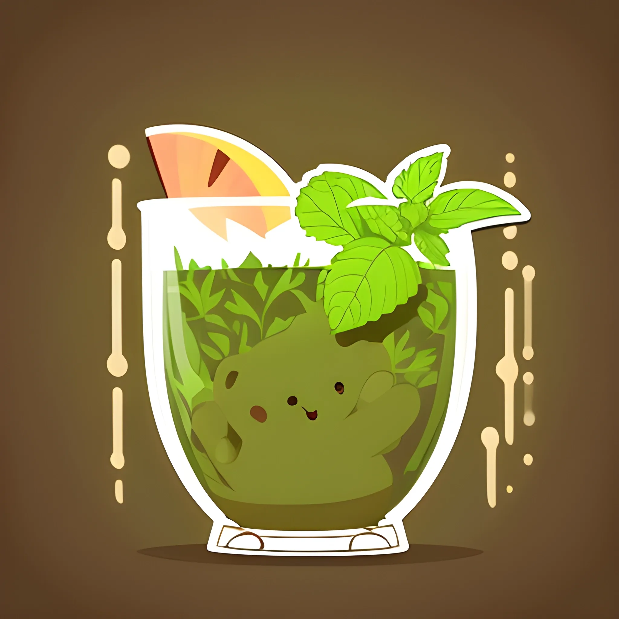 A brown hedgehog is bathing in a glass of mojito. The background is a neutral light peach color. A vector image. Cartoon style. Sticker