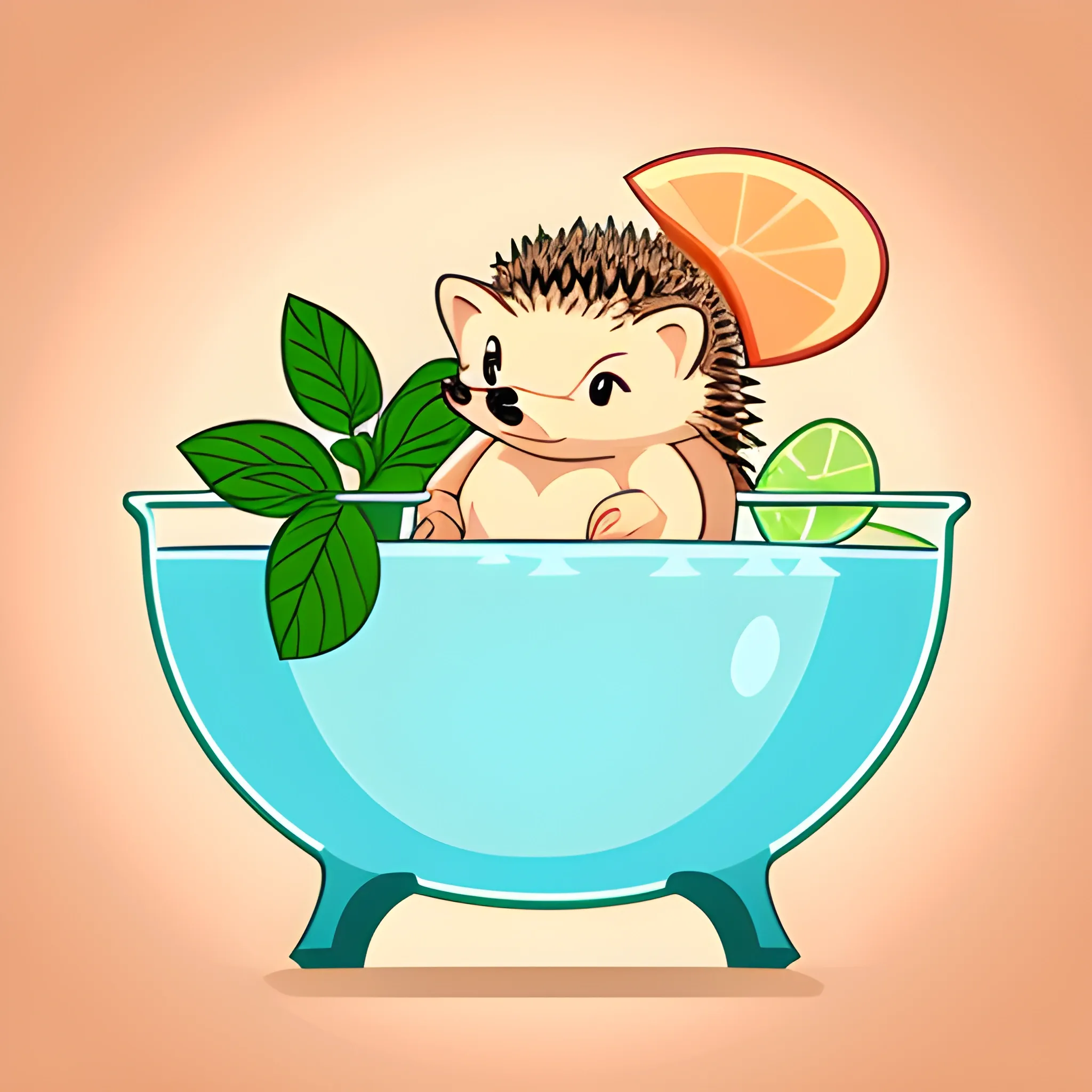 A hedgehog is bathing in a glass of mojito. The background is a neutral light peach color. A vector image. Cartoon style. Sticker