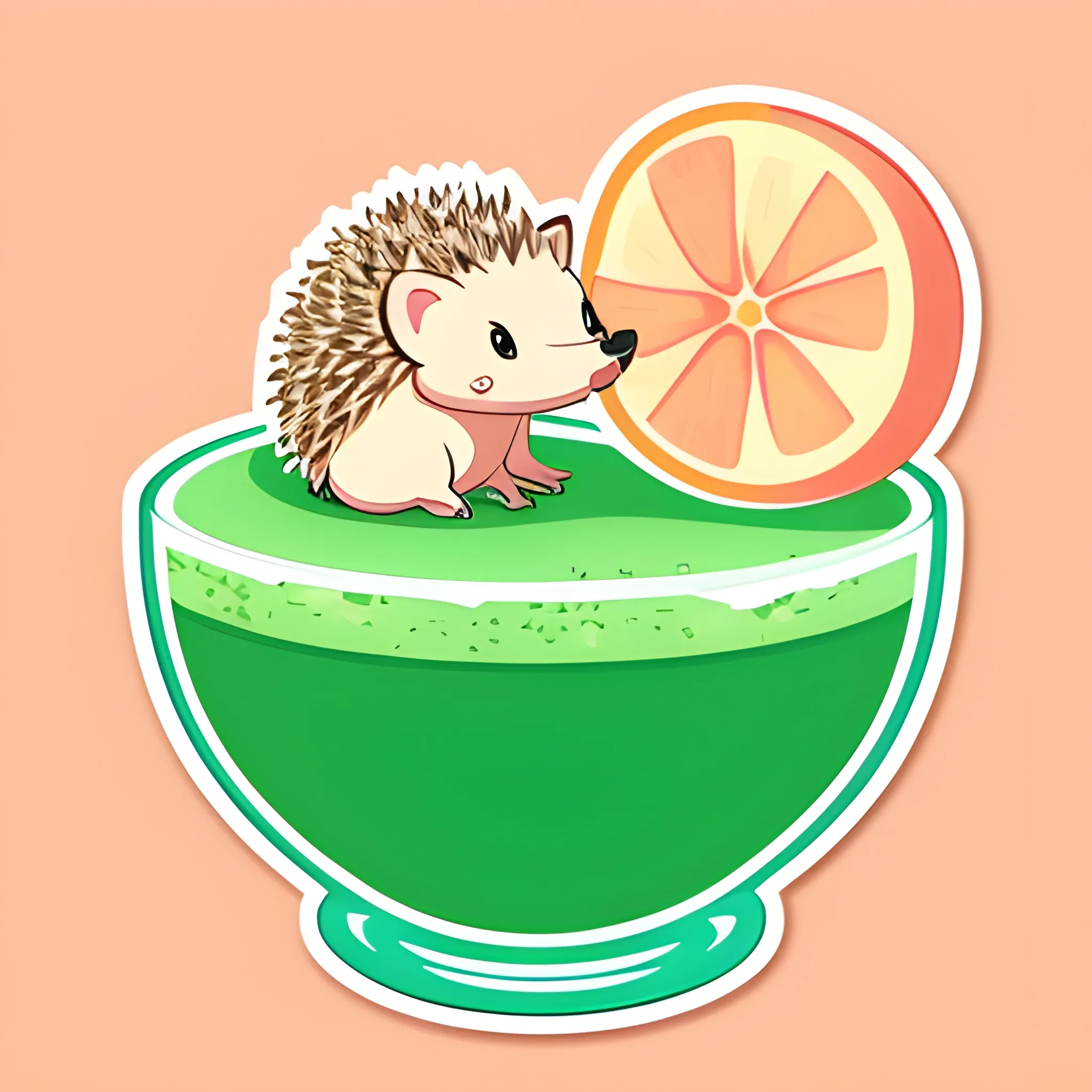 A hedgehog is bathing in a glass of mojito. The background is a neutral light peach color. A vector image. Cartoon style. Sticker