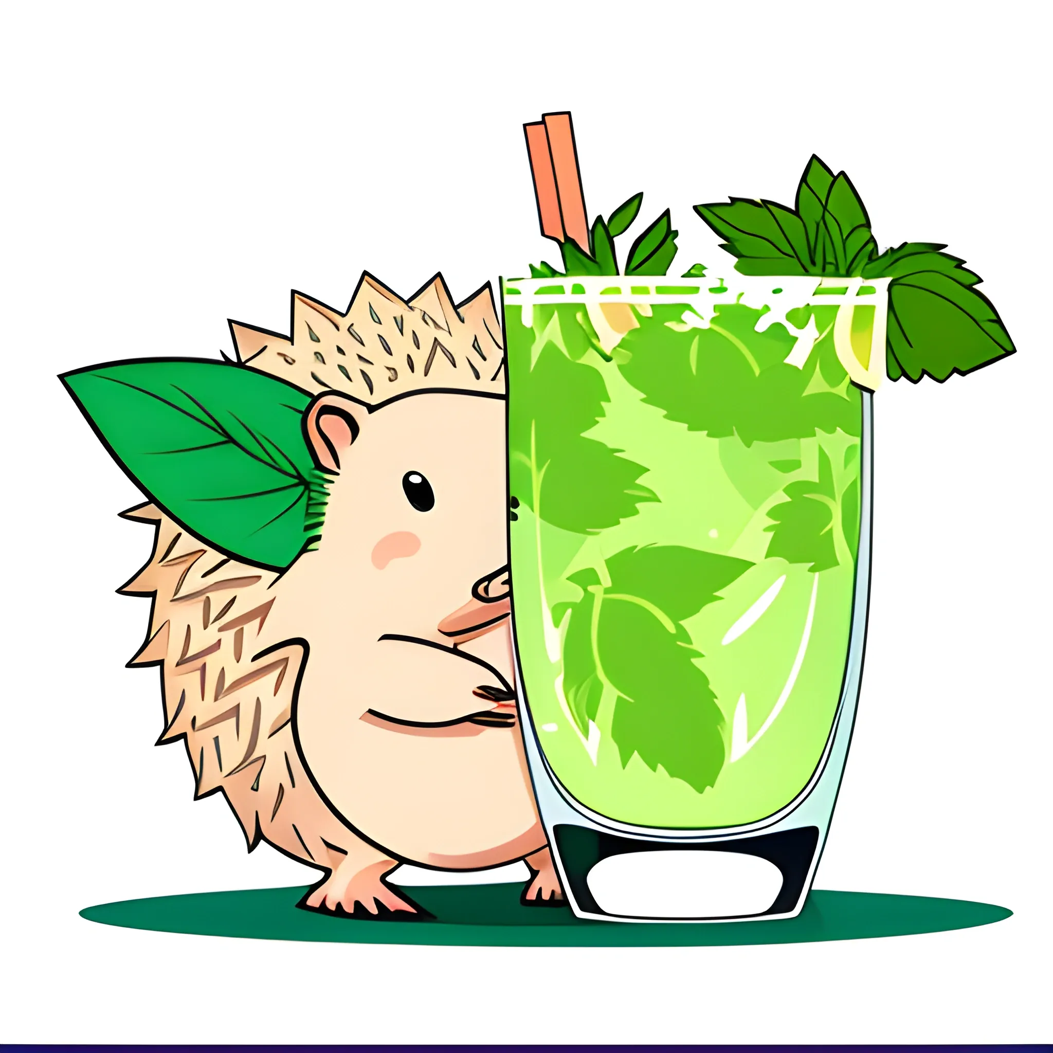 A hedgehog is bathing in a glass of mojito. The background is a neutral light peach color. A vector image. Cartoon style.