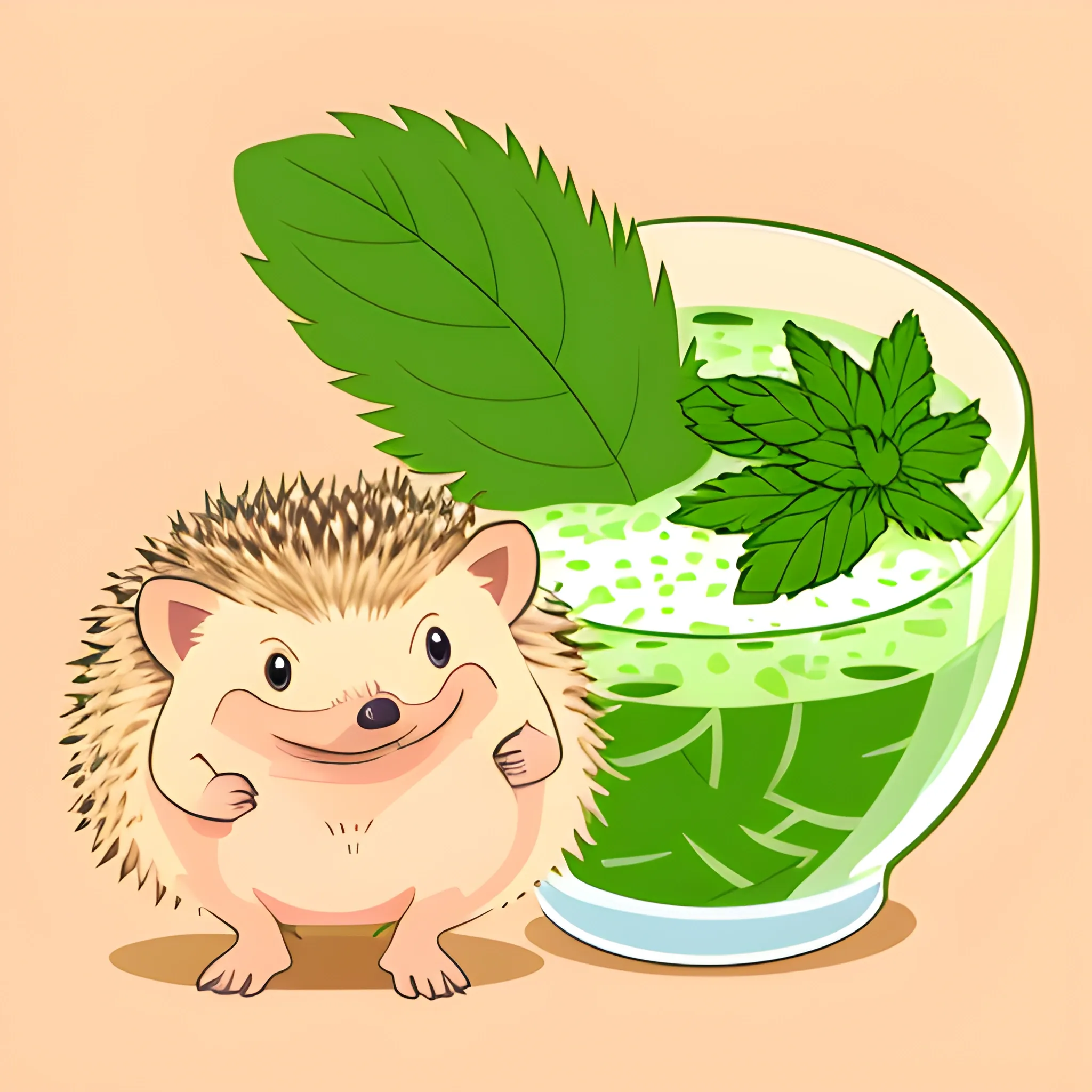 A hedgehog is bathing in a glass of mojito. The background is a neutral light peach color. A vector image. Cartoon style.