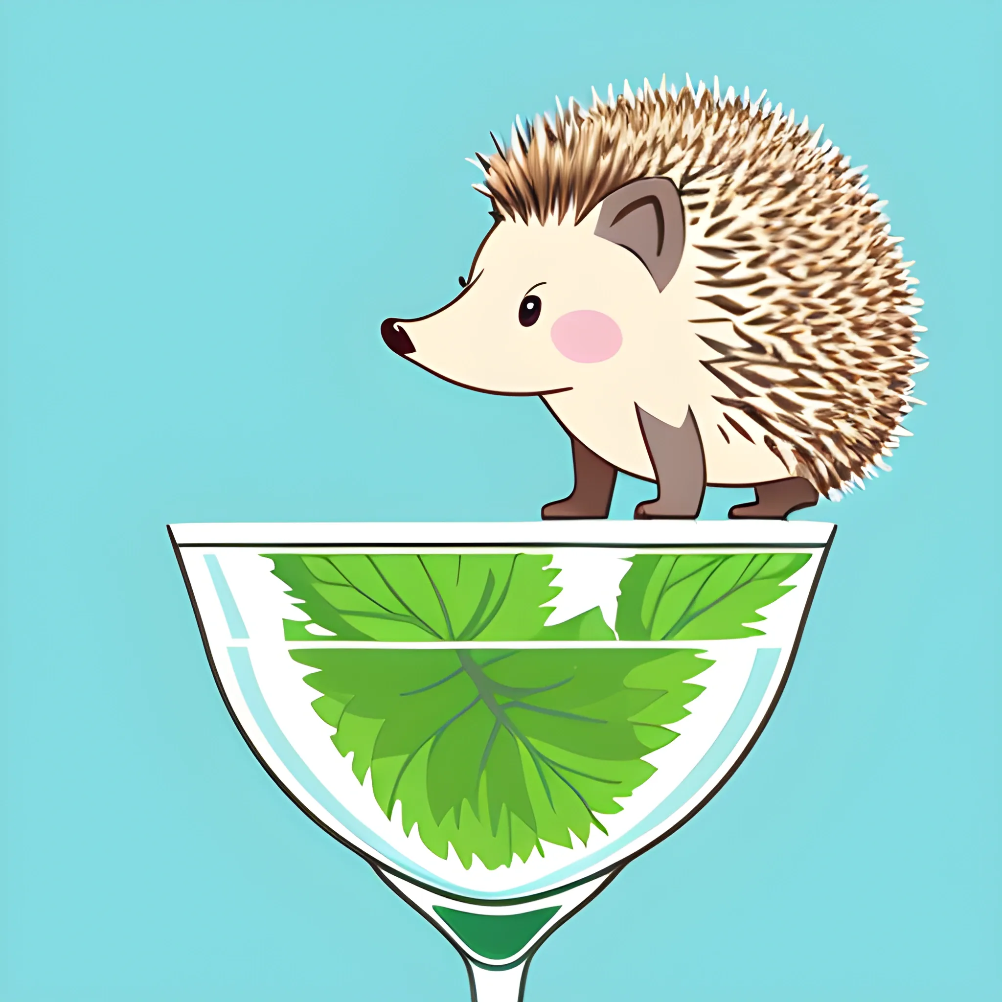 A hedgehog is bathing in a glass of mojito. The background is a neutral light sky color. A vector image. Cartoon style.