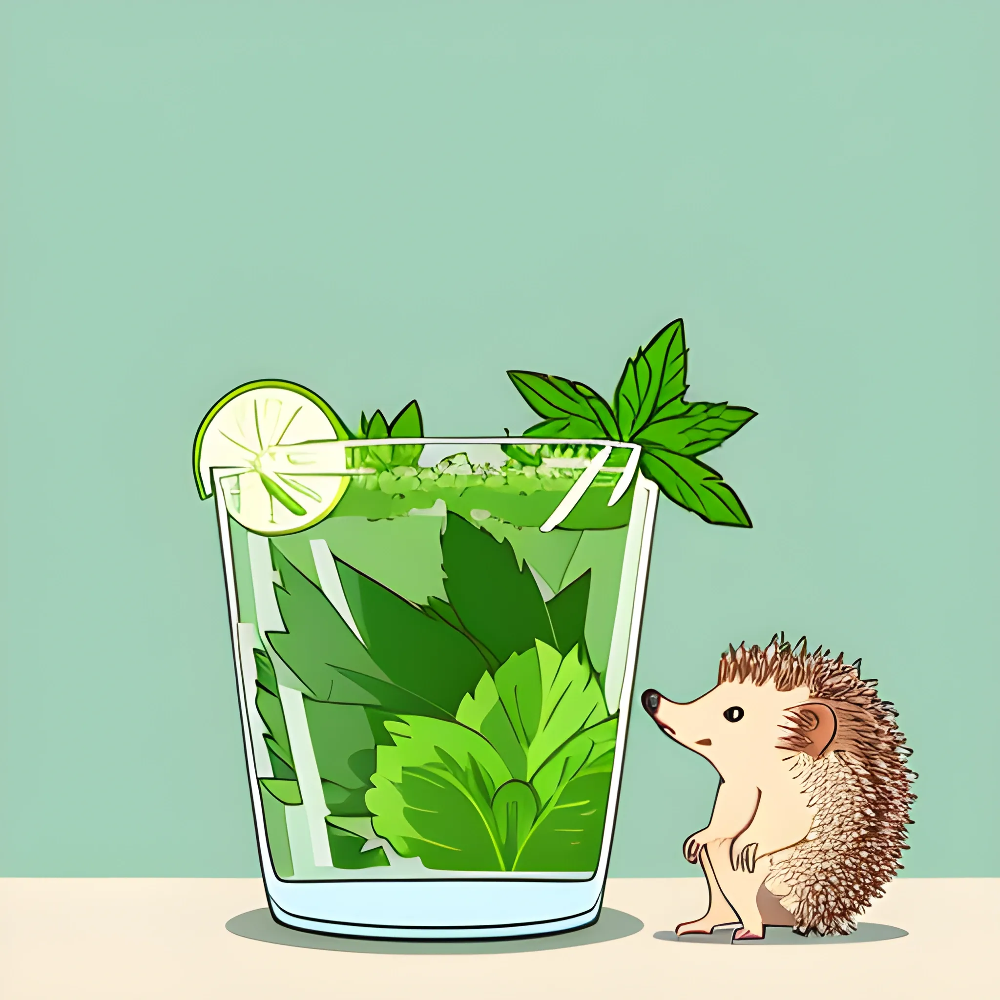 A hedgehog is bathing in a glass of mojito. The background is a neutral light sky color. A vector image. Cartoon style.